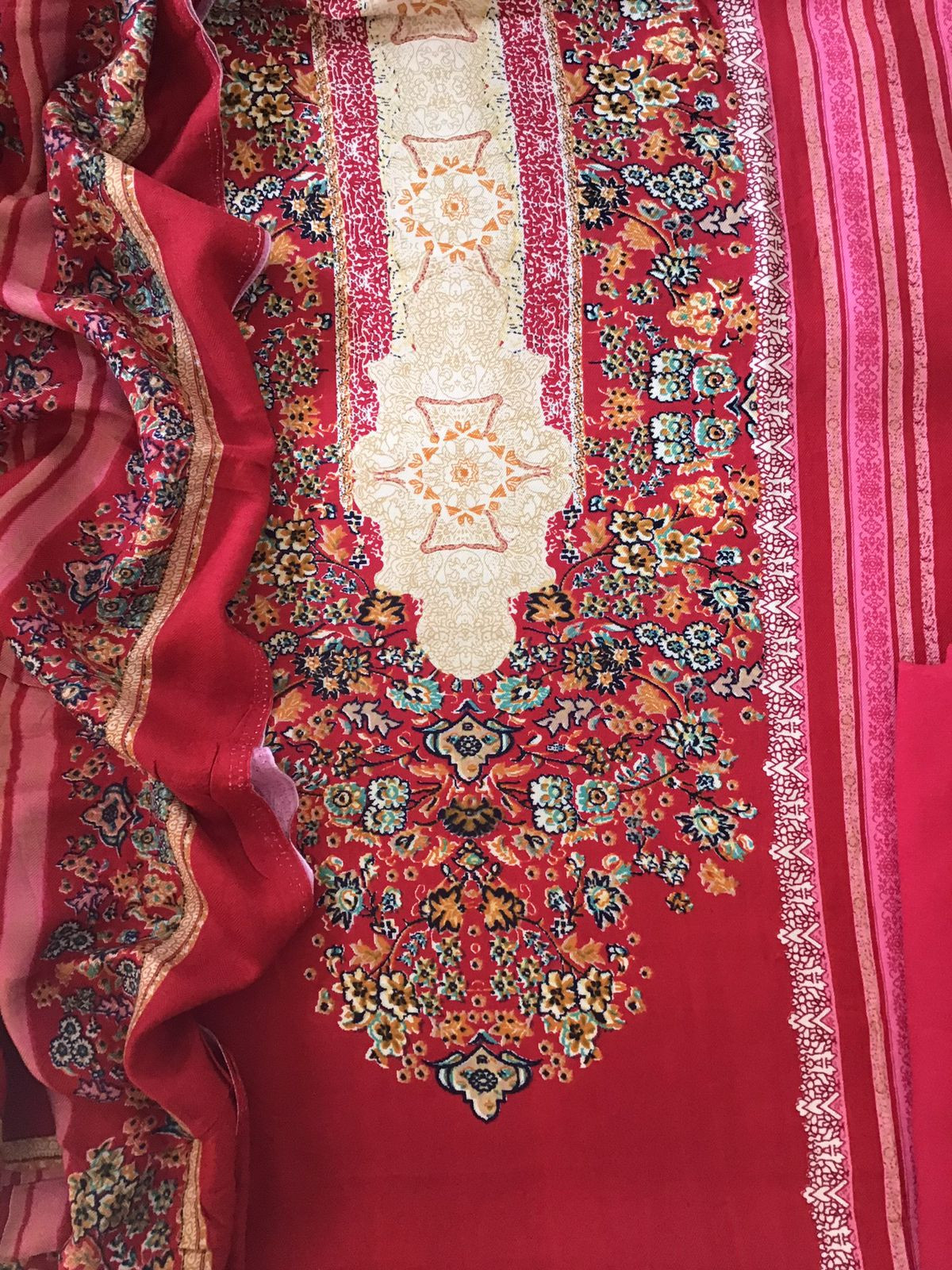 Soft Woollen Slub Silk Printed Embroidered Suit - Red