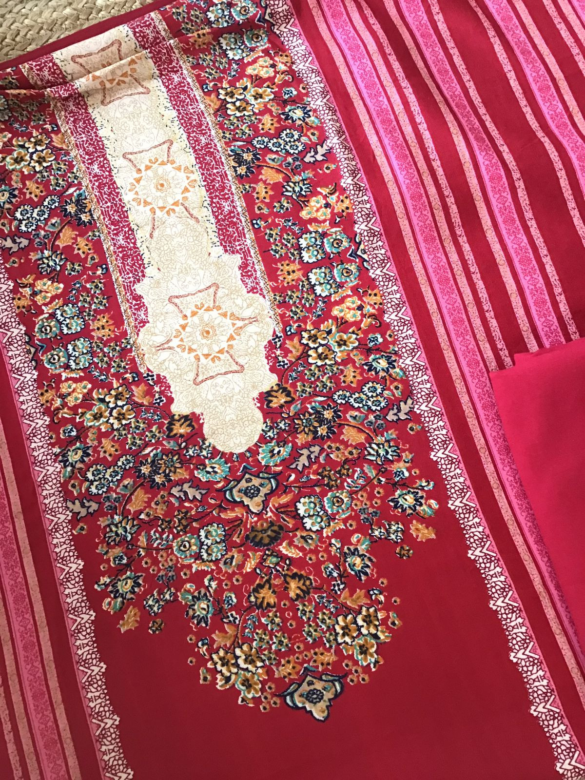 Soft Woollen Slub Silk Printed Embroidered Suit - Red