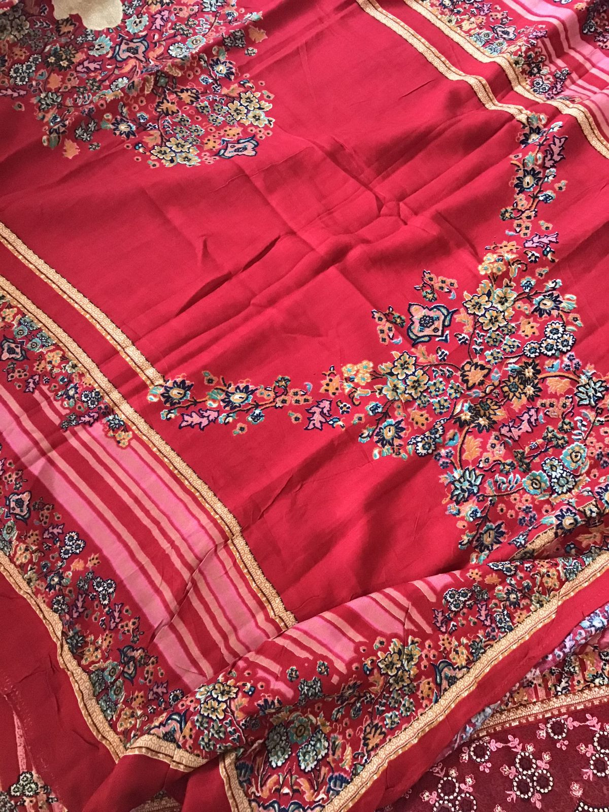 Soft Woollen Slub Silk Printed Embroidered Suit - Red