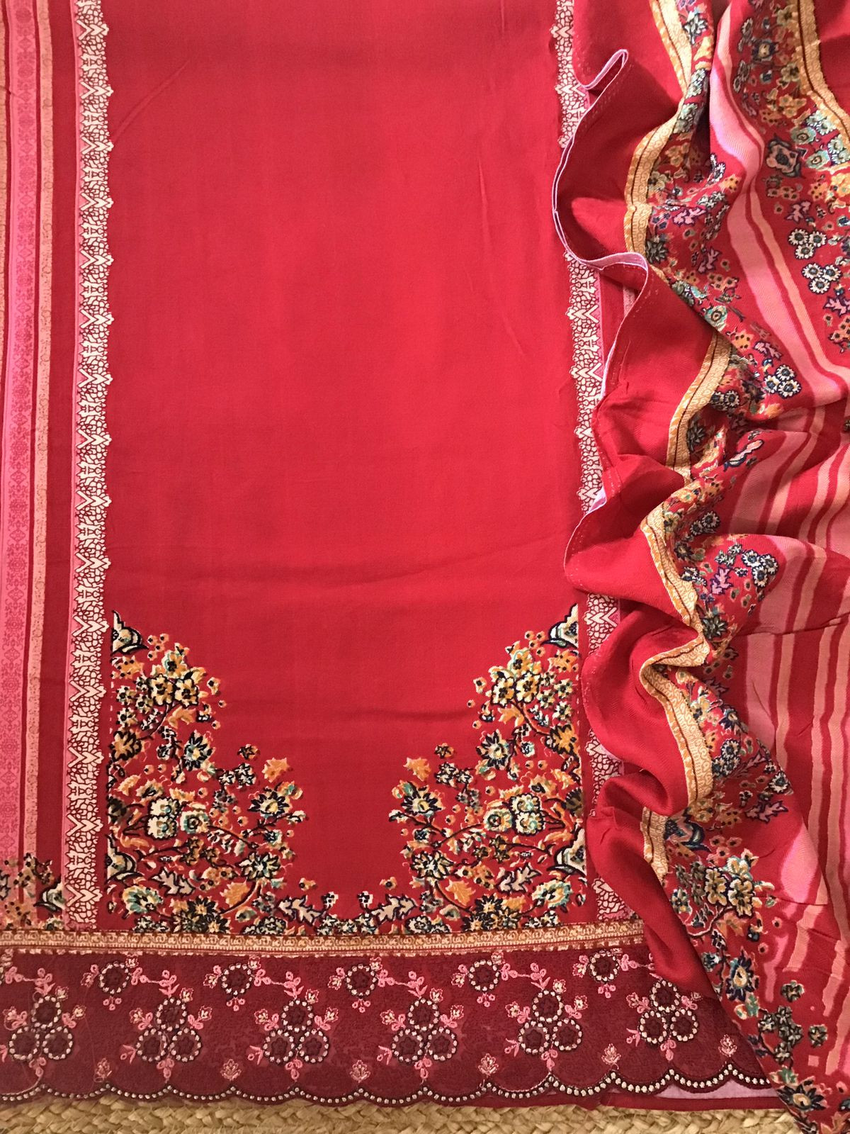 Soft Woollen Slub Silk Printed Embroidered Suit - Red