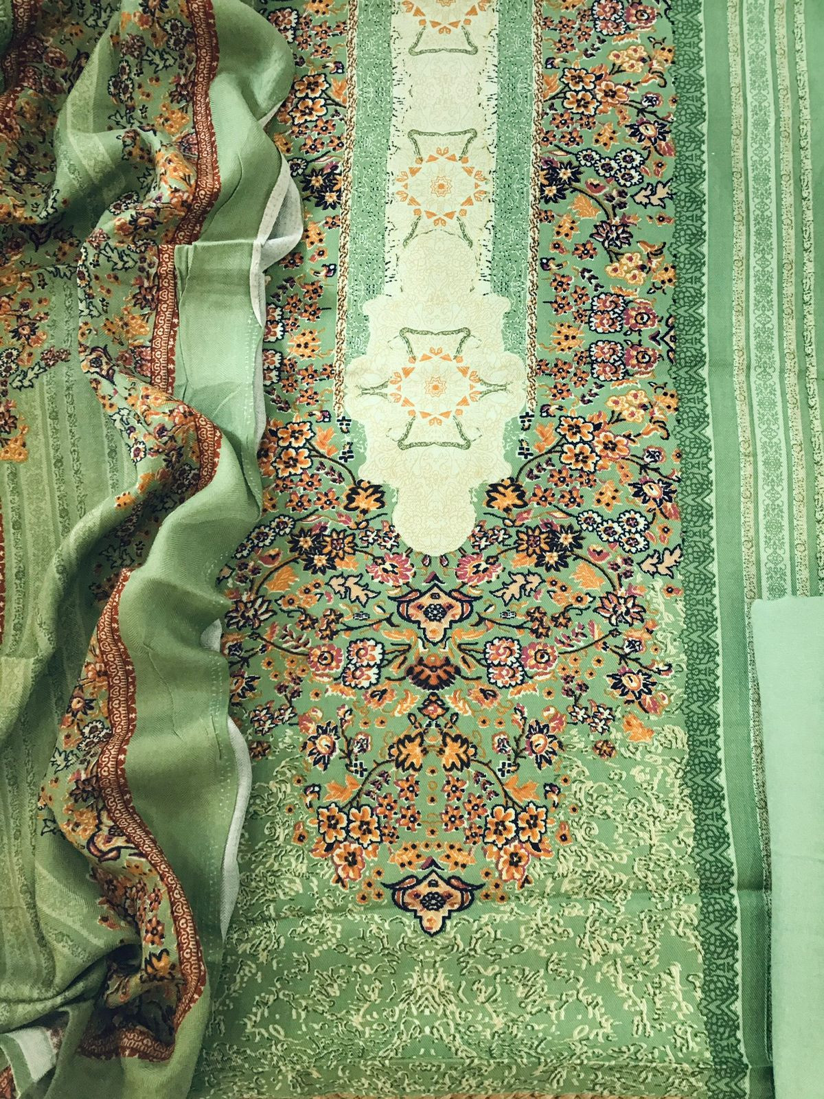 Soft Woollen Slub Silk Printed Embroidered Suit - Green