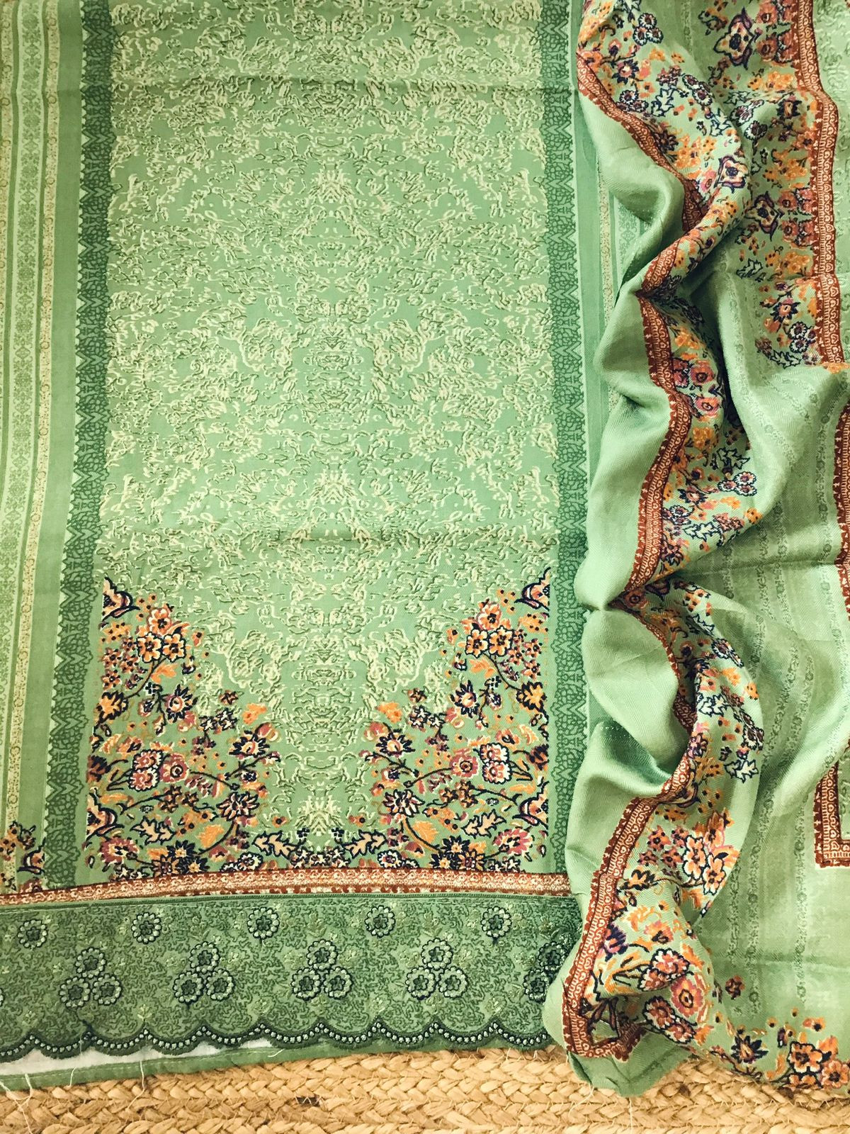 Soft Woollen Slub Silk Printed Embroidered Suit - Green