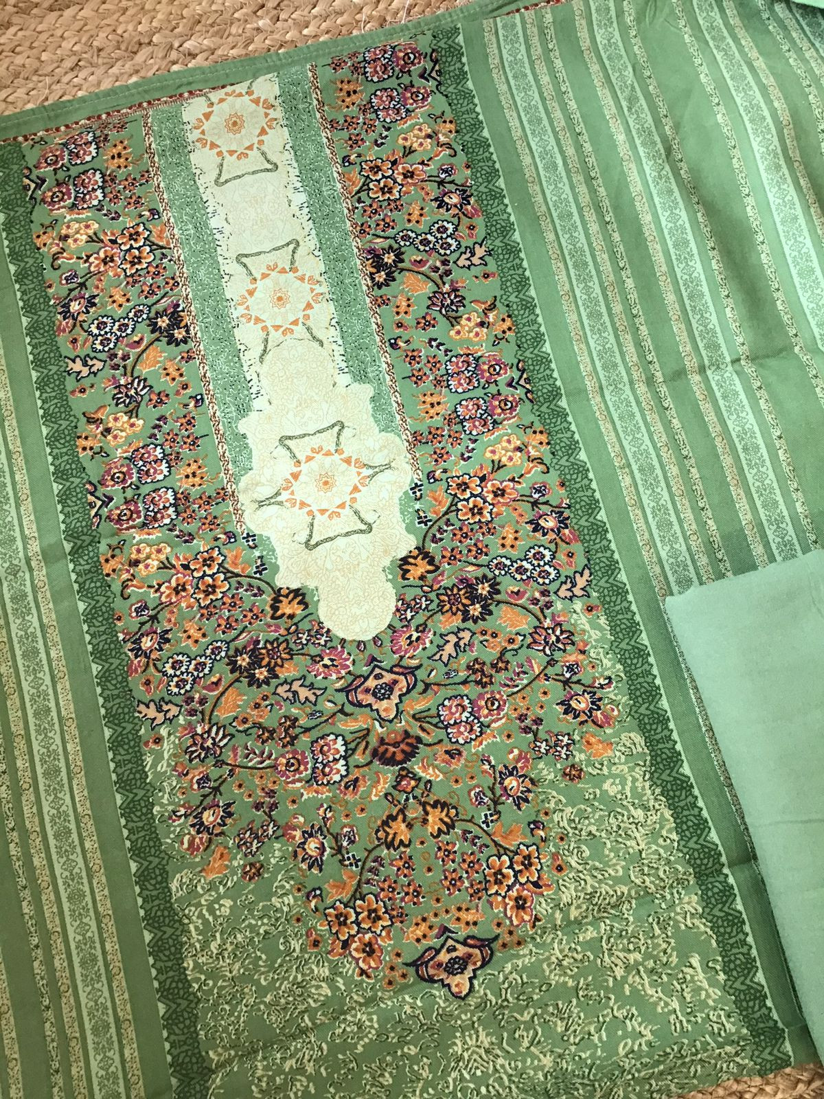 Soft Woollen Slub Silk Printed Embroidered Suit - Green