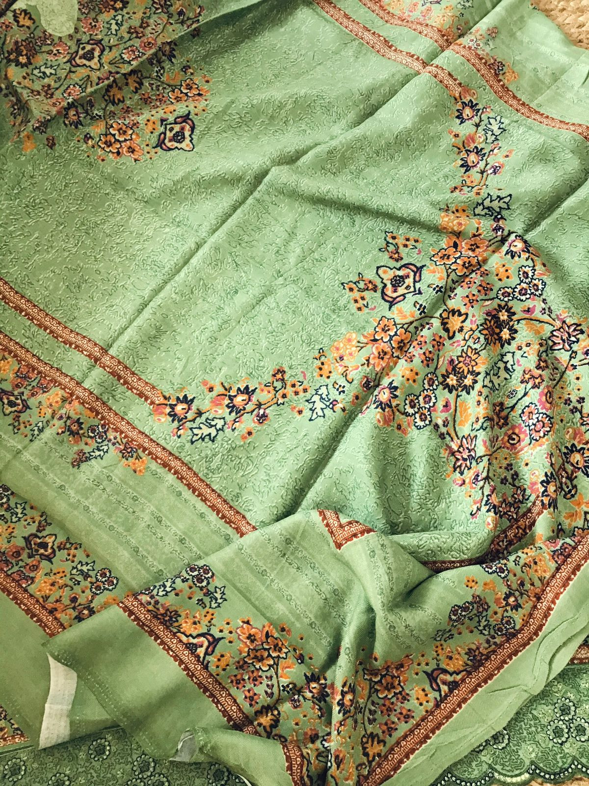 Soft Woollen Slub Silk Printed Embroidered Suit - Green