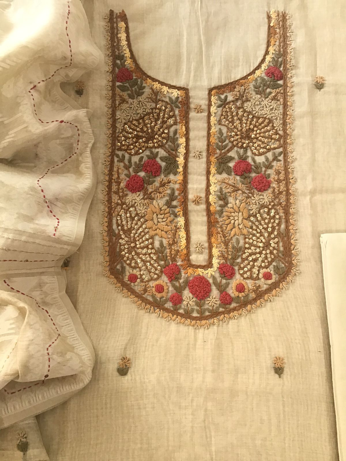 Soft Slub Chanderi Jamdani Weaved Embroidered Suit - Beige