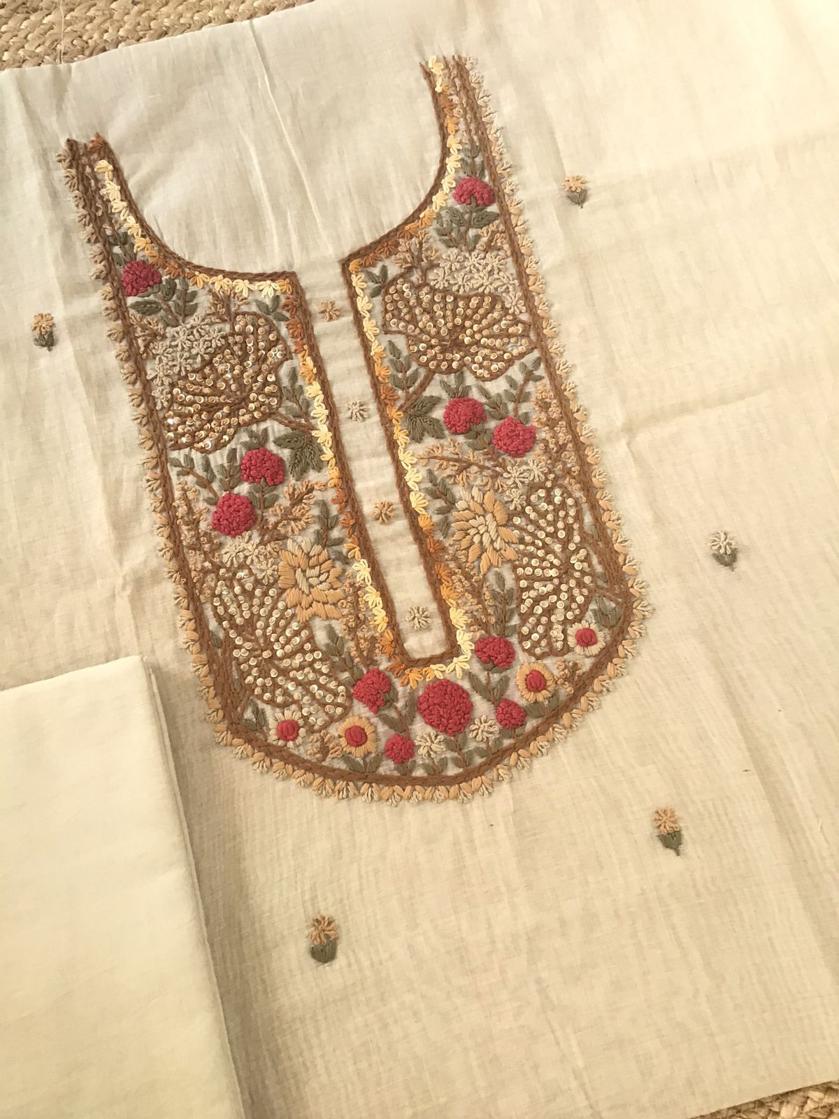 Soft Slub Chanderi Jamdani Weaved Embroidered Suit - Beige