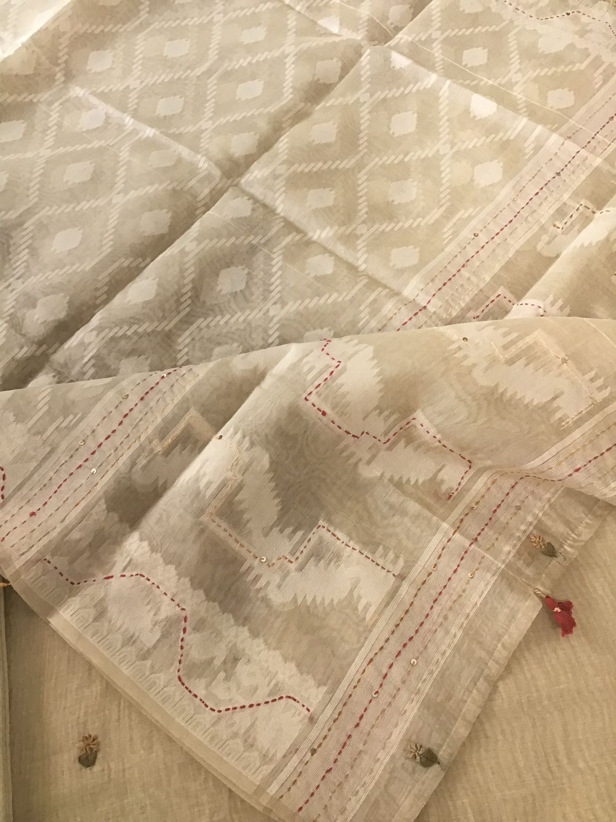 Soft Slub Chanderi Jamdani Weaved Embroidered Suit - Beige