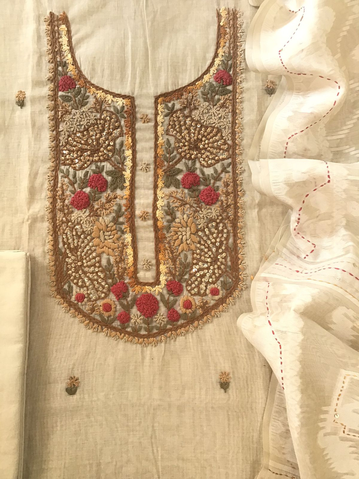 Soft Slub Chanderi Jamdani Weaved Embroidered Suit - Beige