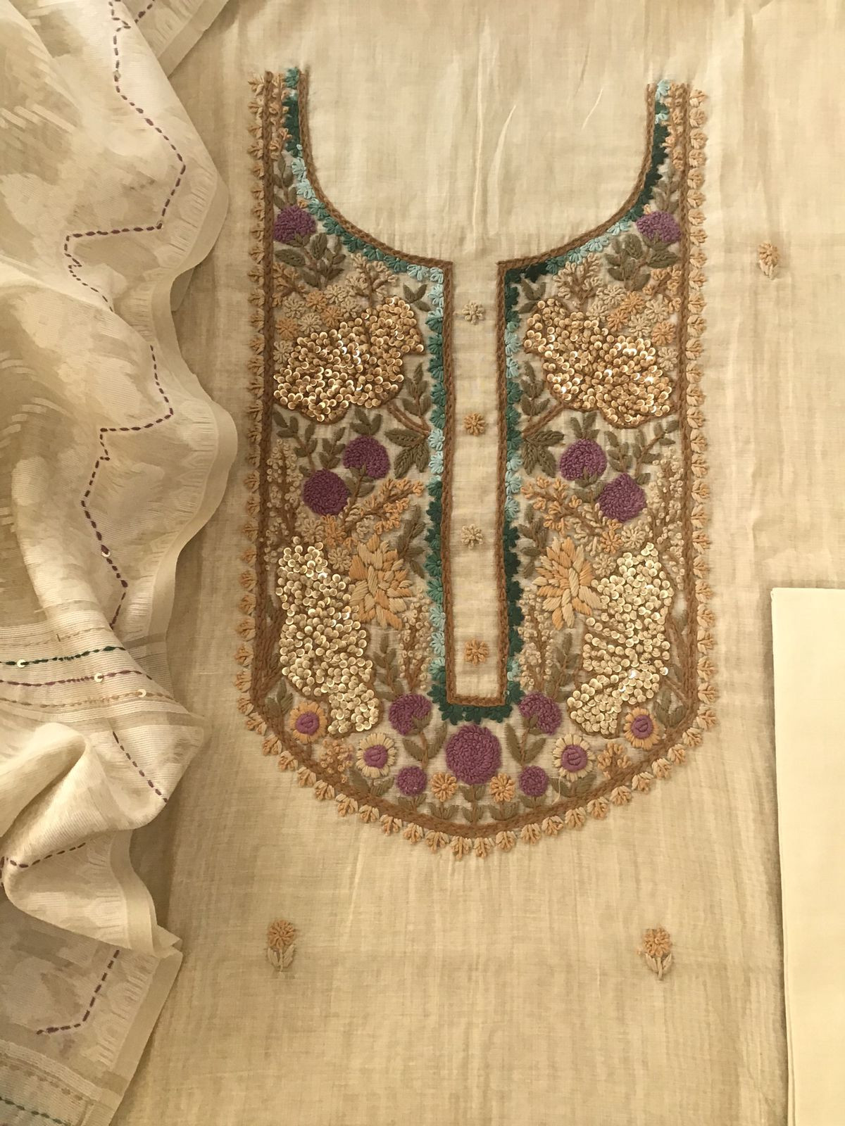 Soft Slub Chanderi Jamdani Weaved Embroidered Suit - Beige