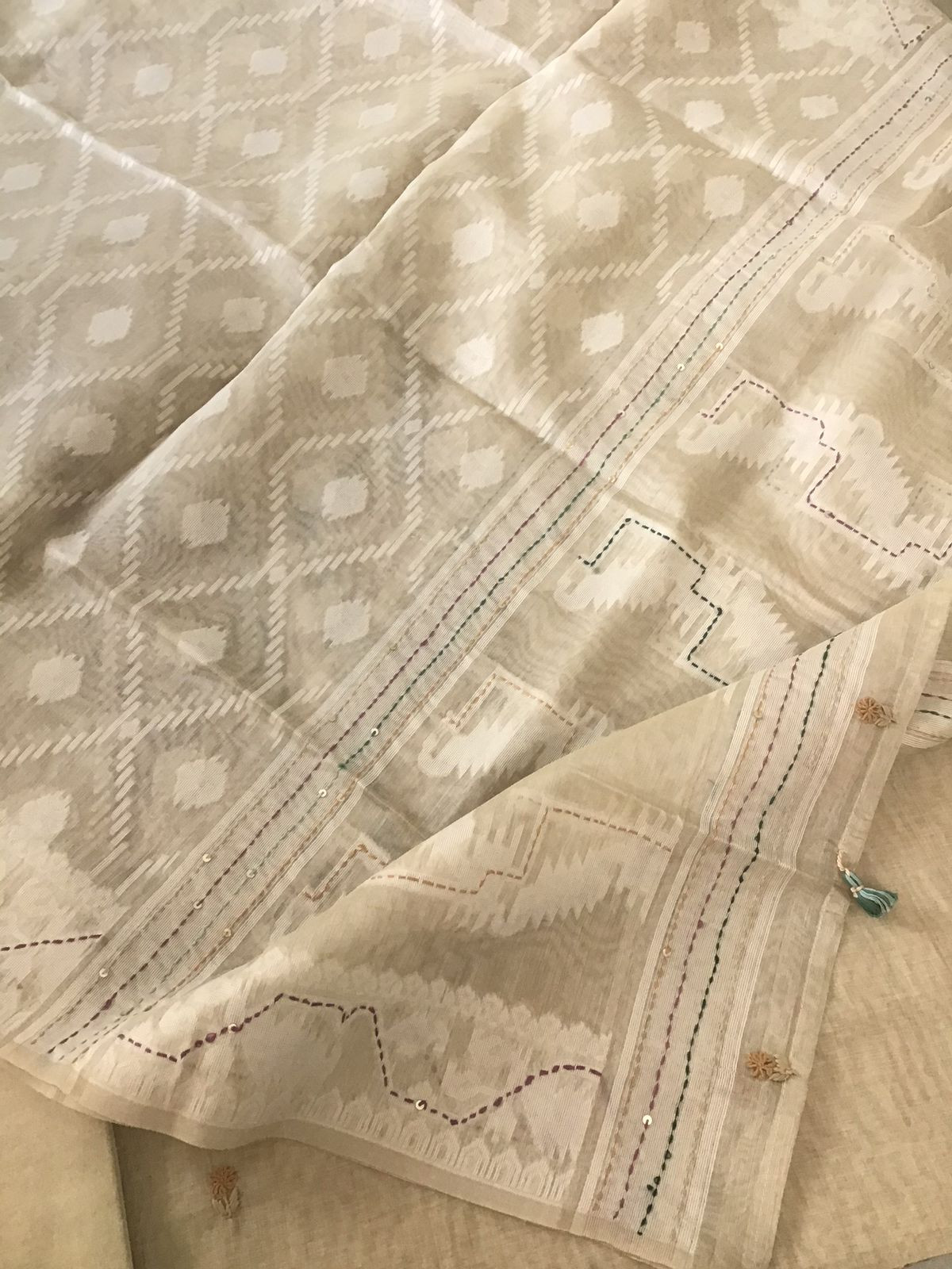 Soft Slub Chanderi Jamdani Weaved Embroidered Suit - Beige