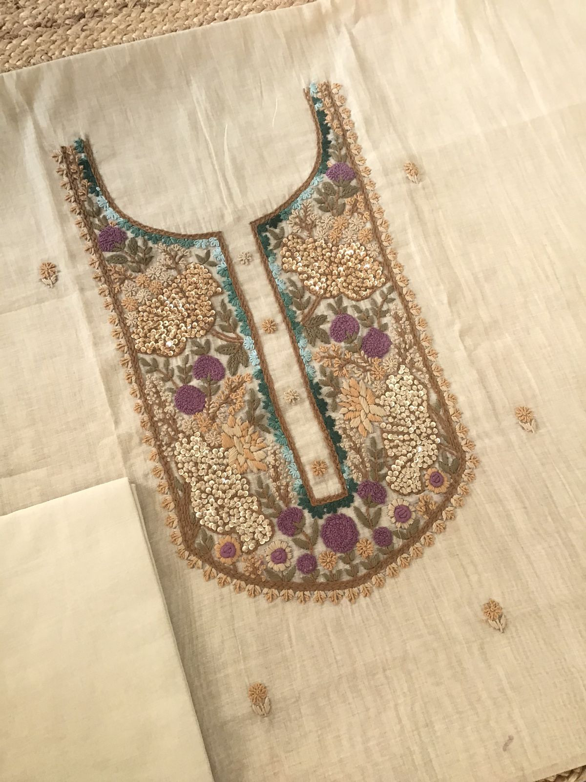 Soft Slub Chanderi Jamdani Weaved Embroidered Suit - Beige