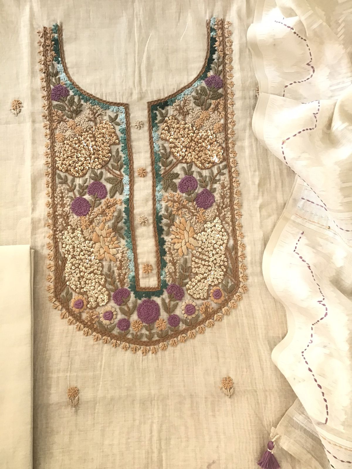 Soft Slub Chanderi Jamdani Weaved Embroidered Suit - Beige