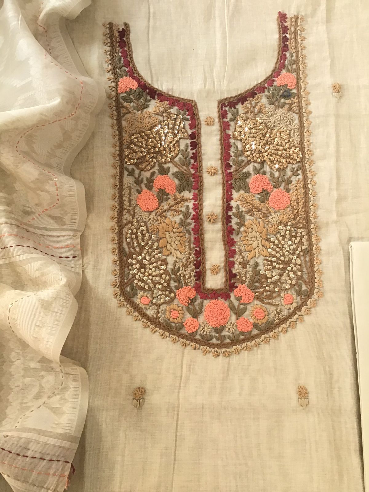 Soft Slub Chanderi Jamdani Weaved Embroidered Suit - Beige