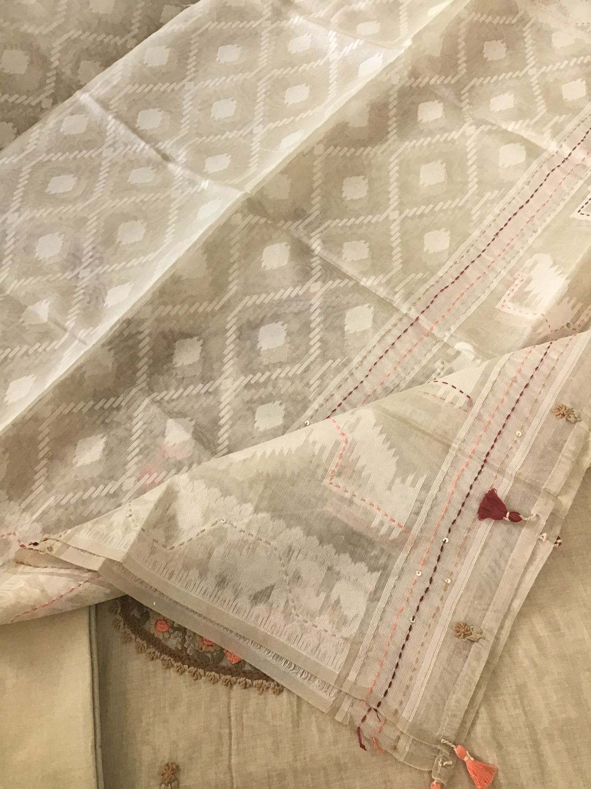 Soft Slub Chanderi Jamdani Weaved Embroidered Suit - Beige