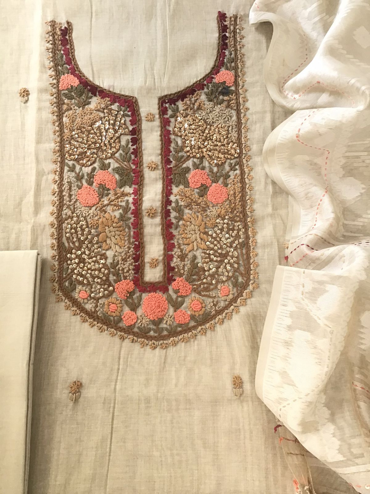 Soft Slub Chanderi Jamdani Weaved Embroidered Suit - Beige