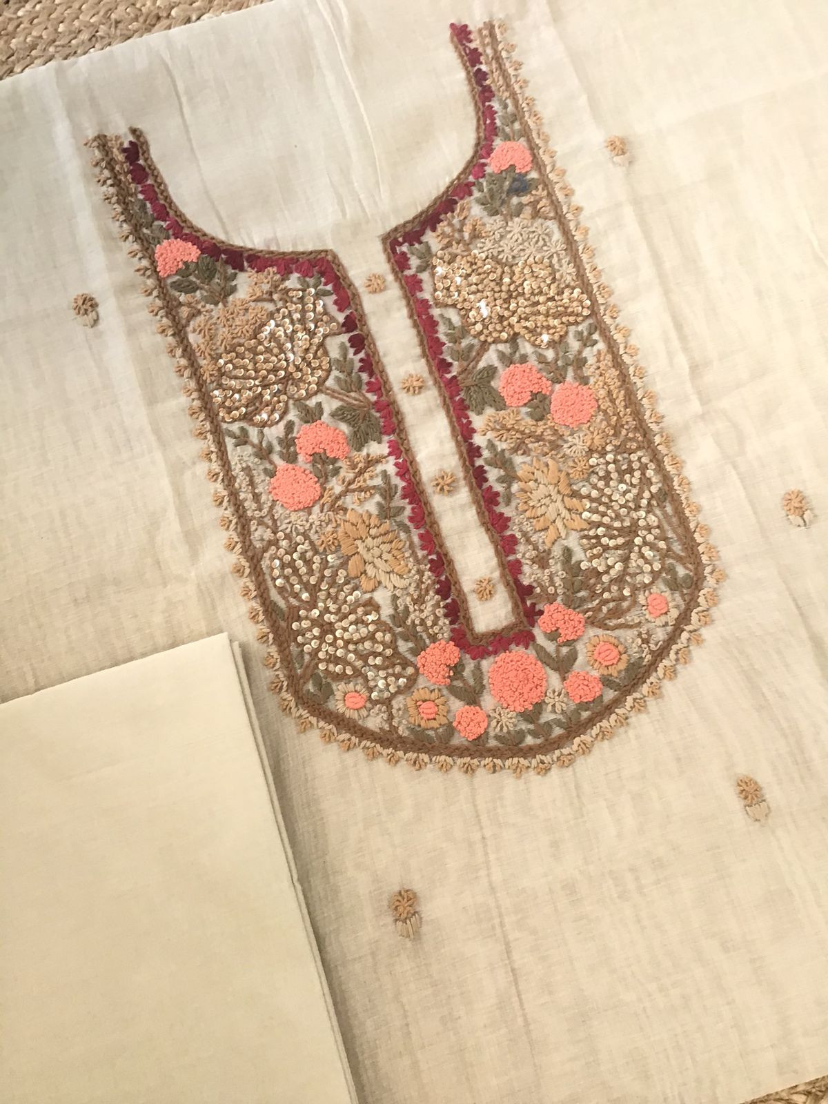 Soft Slub Chanderi Jamdani Weaved Embroidered Suit - Beige