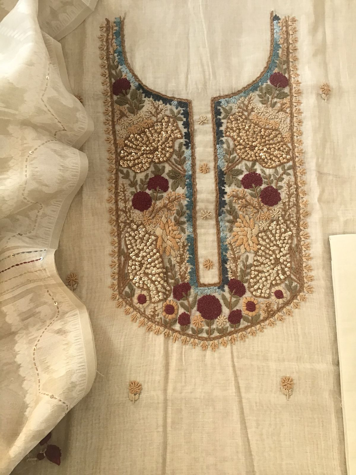 Soft Slub Chanderi Jamdani Weaved Embroidered Suit - Beige