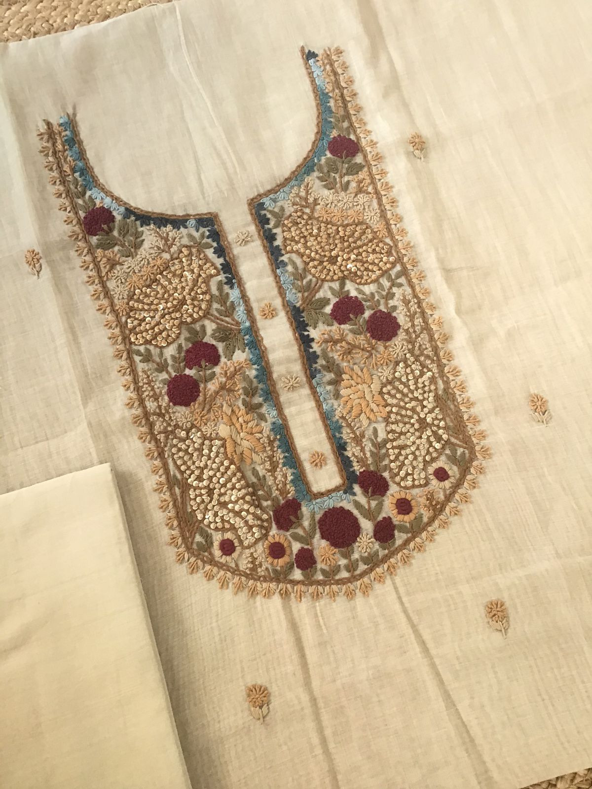 Soft Slub Chanderi Jamdani Weaved Embroidered Suit - Beige