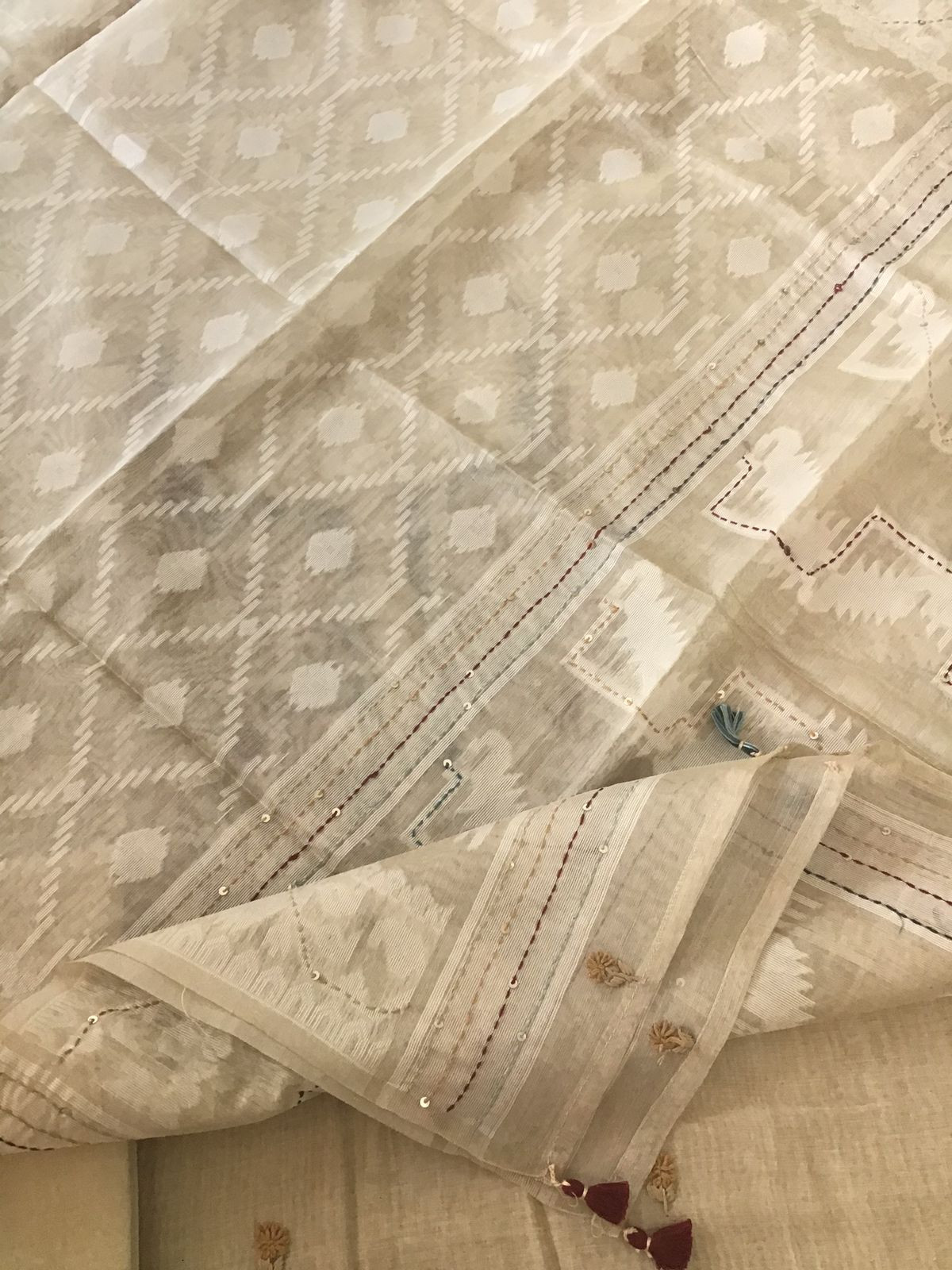 Soft Slub Chanderi Jamdani Weaved Embroidered Suit - Beige