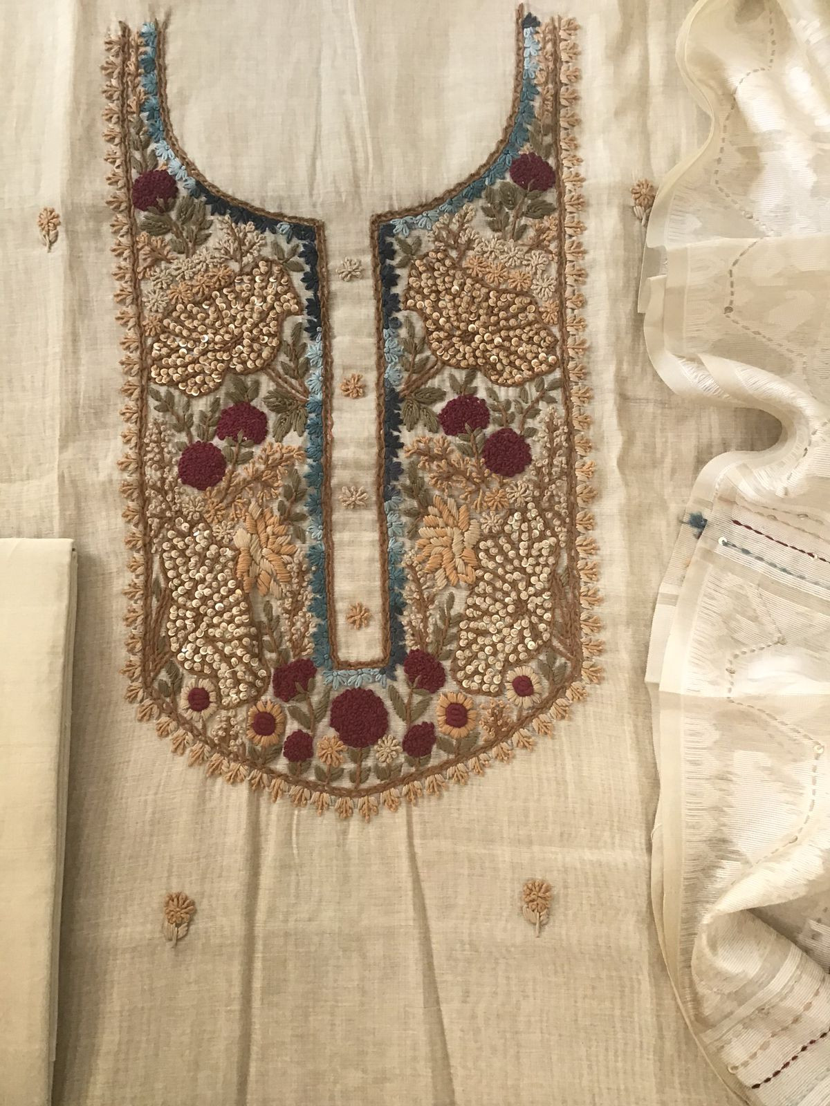 Soft Slub Chanderi Jamdani Weaved Embroidered Suit - Beige