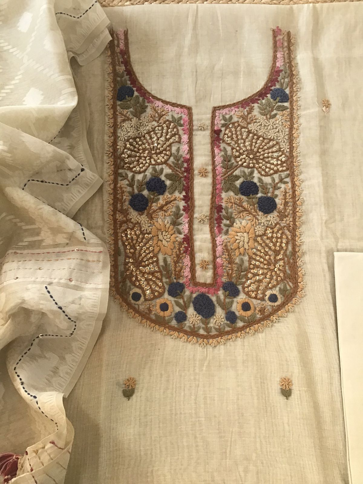 Soft Slub Chanderi Jamdani Weaved Embroidered Suit - Beige