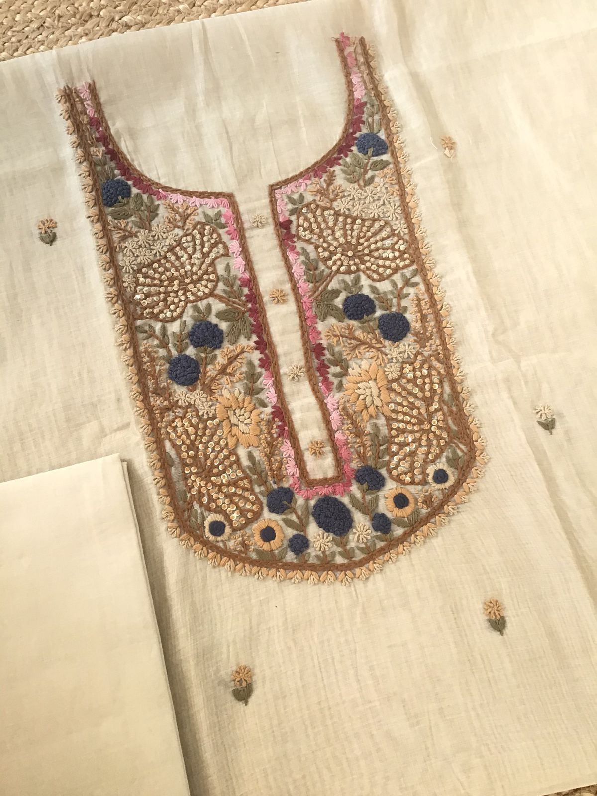 Soft Slub Chanderi Jamdani Weaved Embroidered Suit - Beige