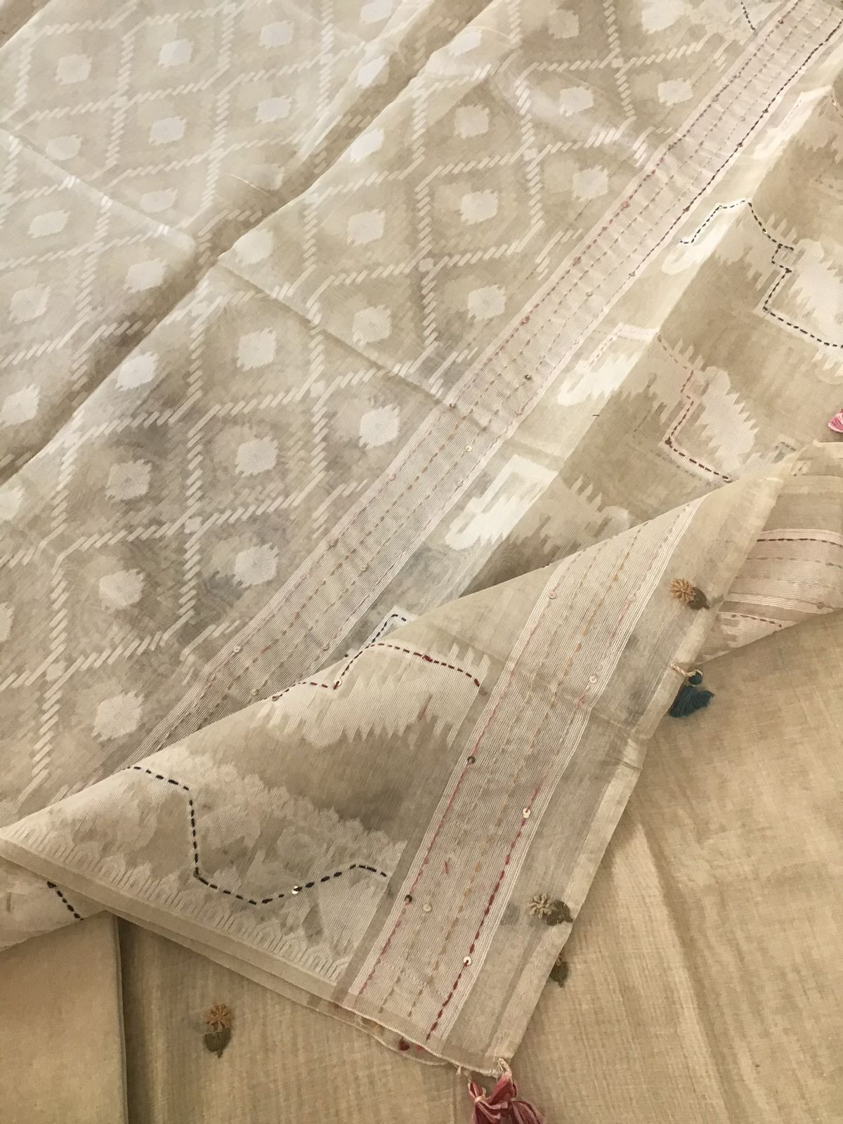 Soft Slub Chanderi Jamdani Weaved Embroidered Suit - Beige