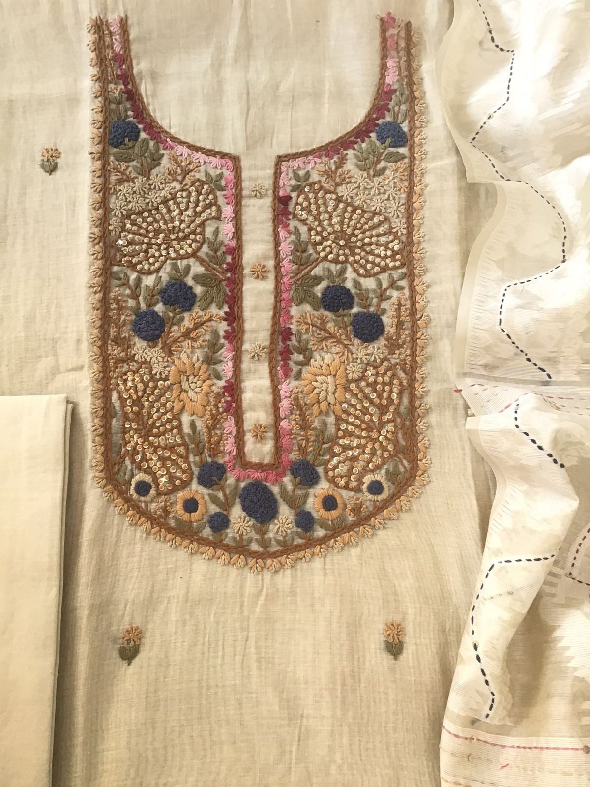 Soft Slub Chanderi Jamdani Weaved Embroidered Suit - Beige