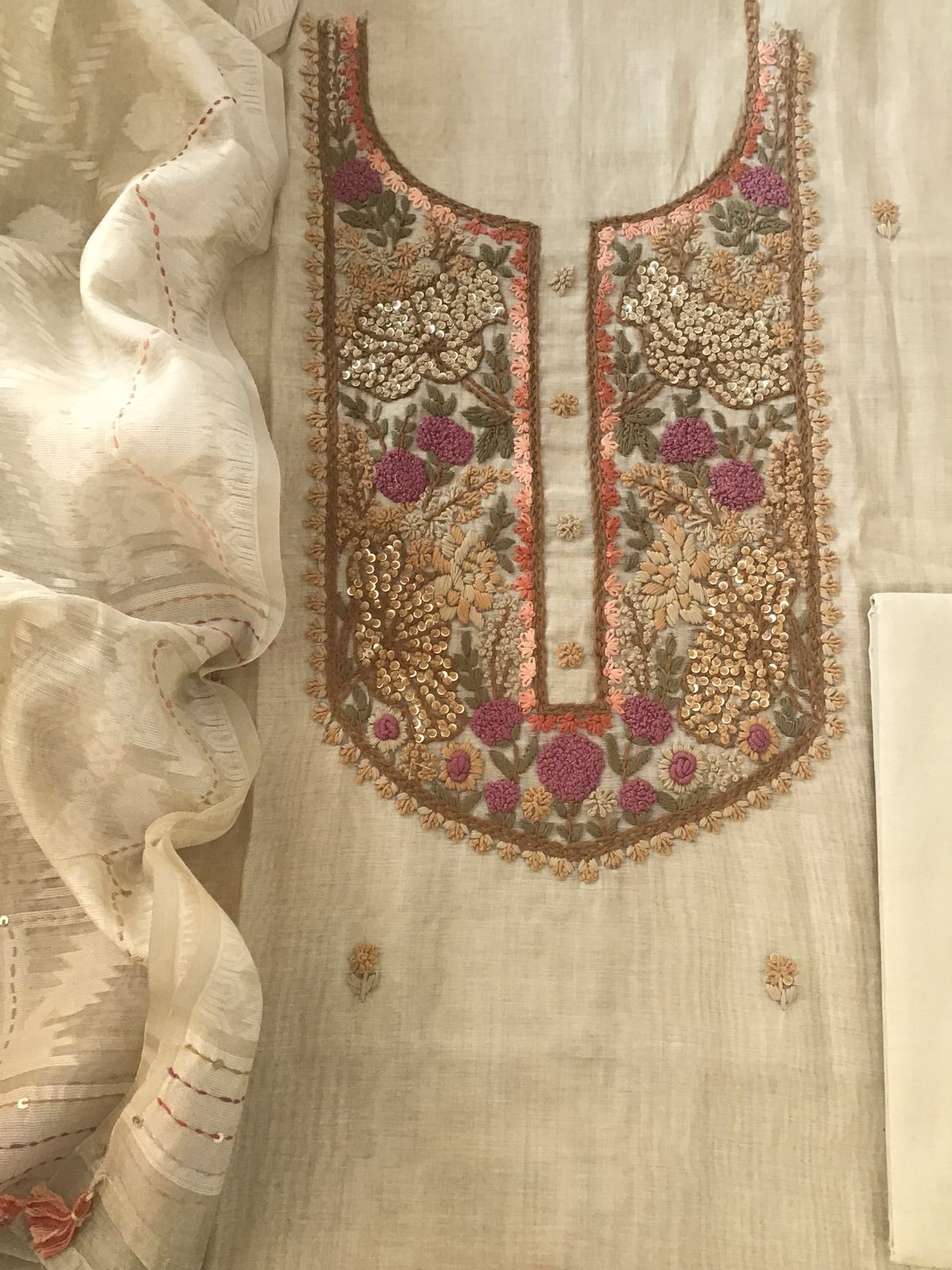 Soft Slub Chanderi Jamdani Weaved Embroidered Suit - Beige