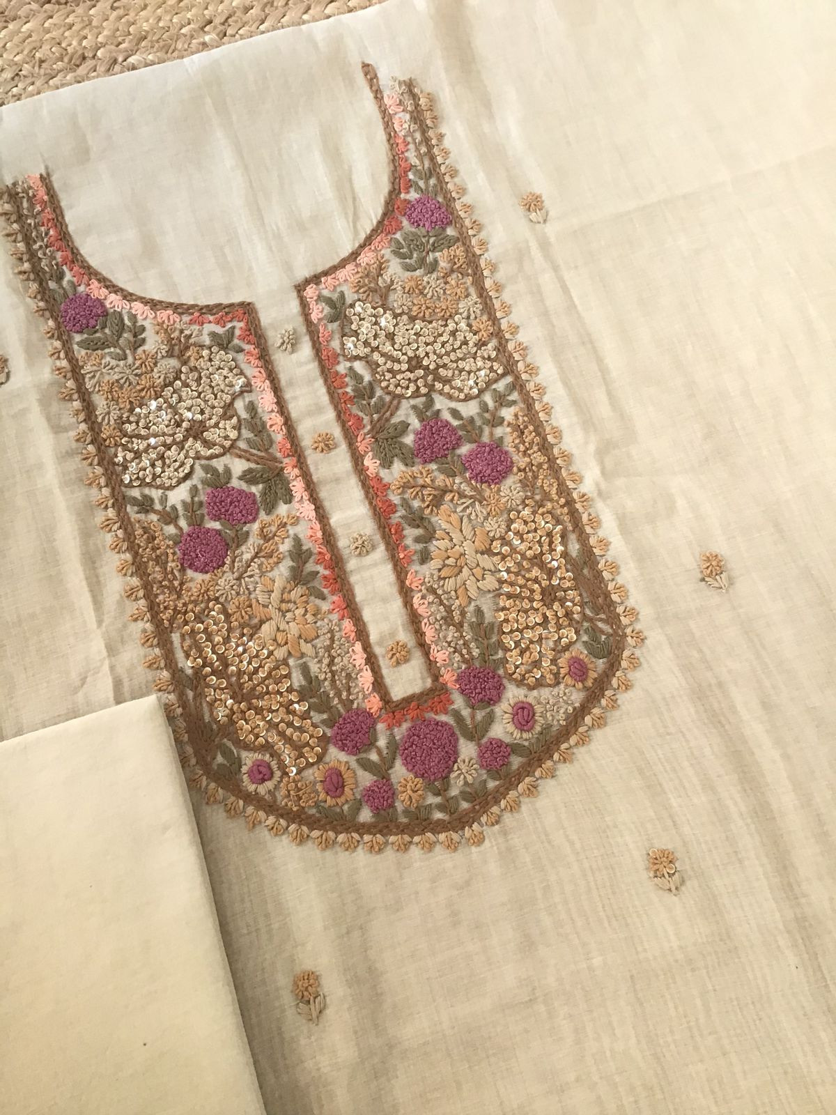 Soft Slub Chanderi Jamdani Weaved Embroidered Suit - Beige