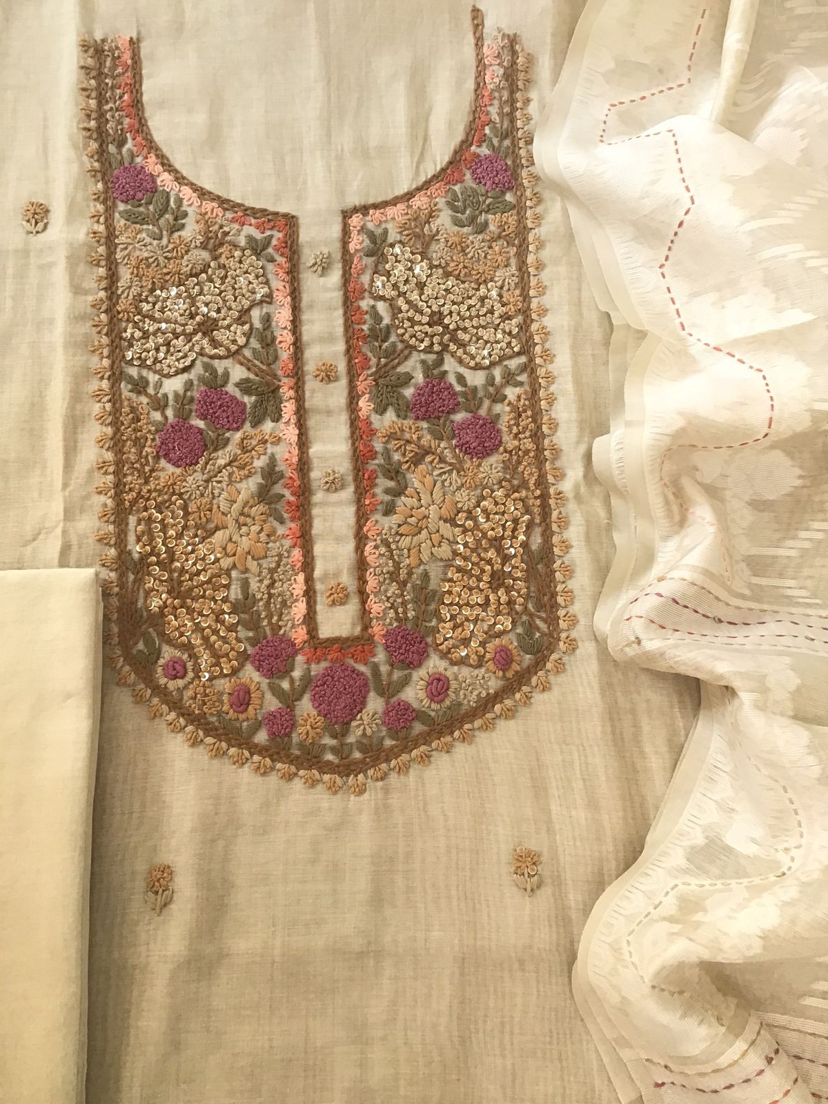Soft Slub Chanderi Jamdani Weaved Embroidered Suit - Beige