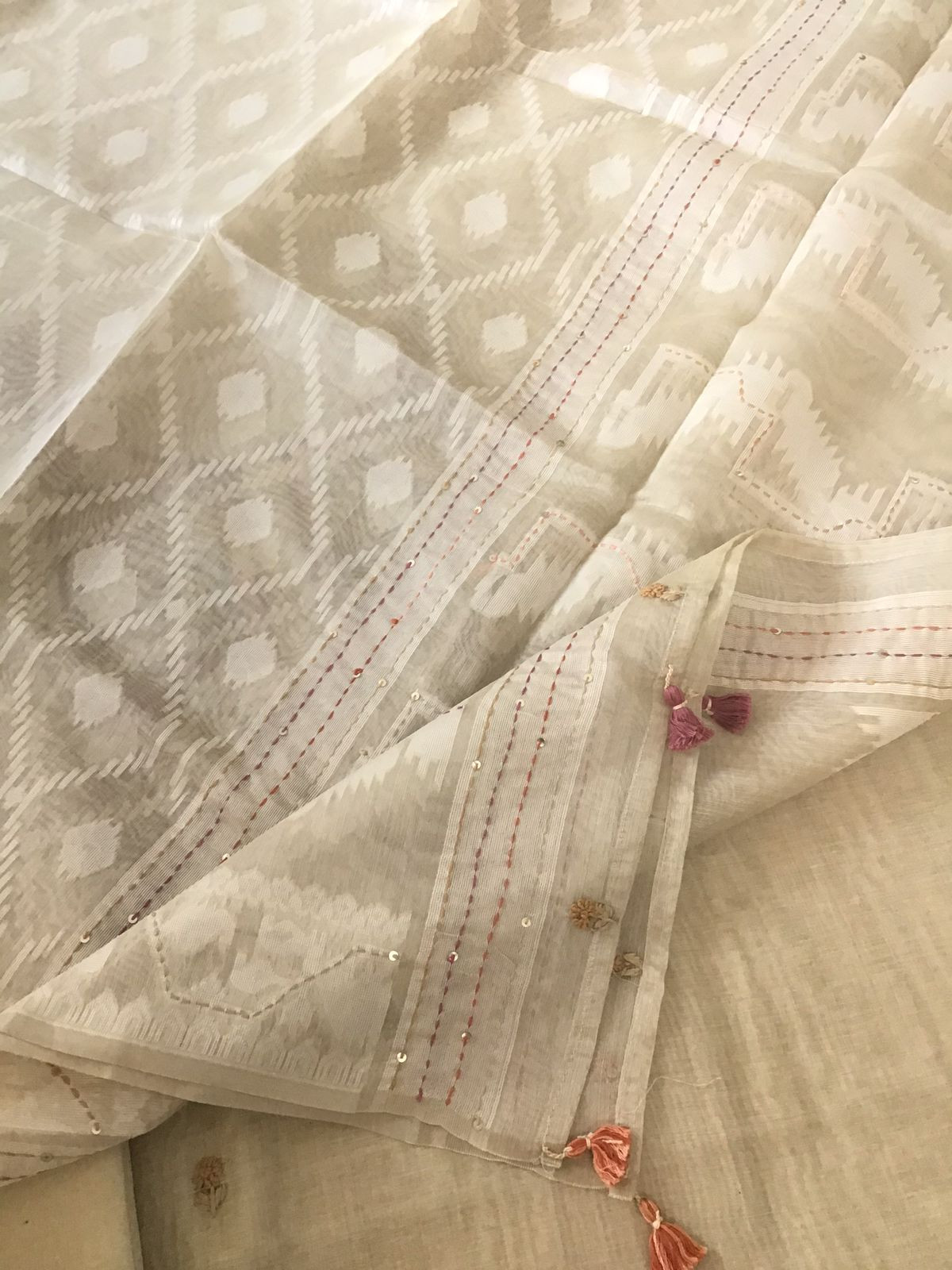 Soft Slub Chanderi Jamdani Weaved Embroidered Suit - Beige