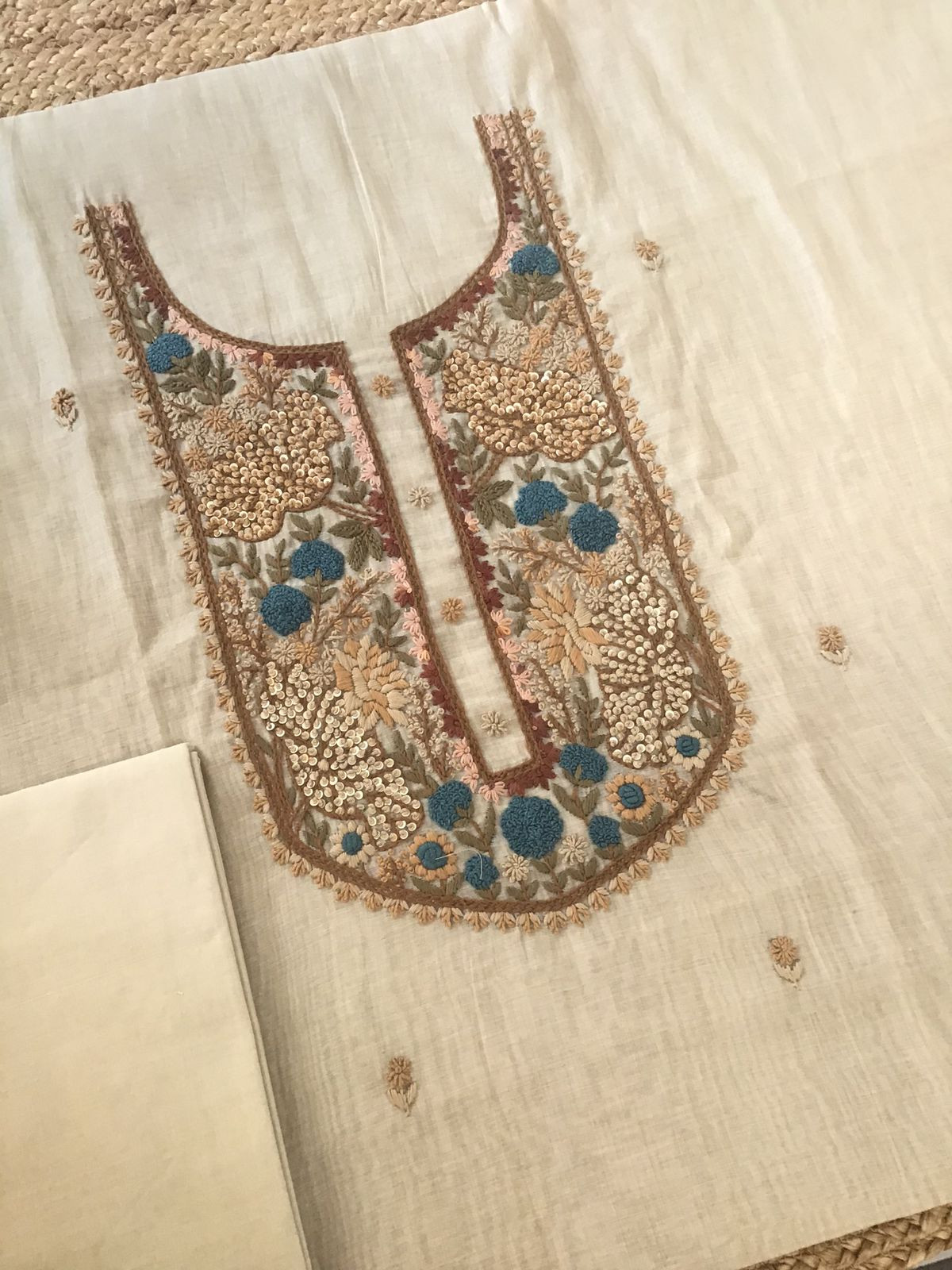 Soft Slub Chanderi Jamdani Weaved Embroidered Suit - Beige