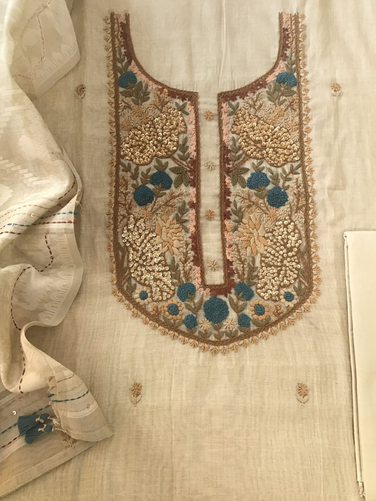 Soft Slub Chanderi Jamdani Weaved Embroidered Suit - Beige