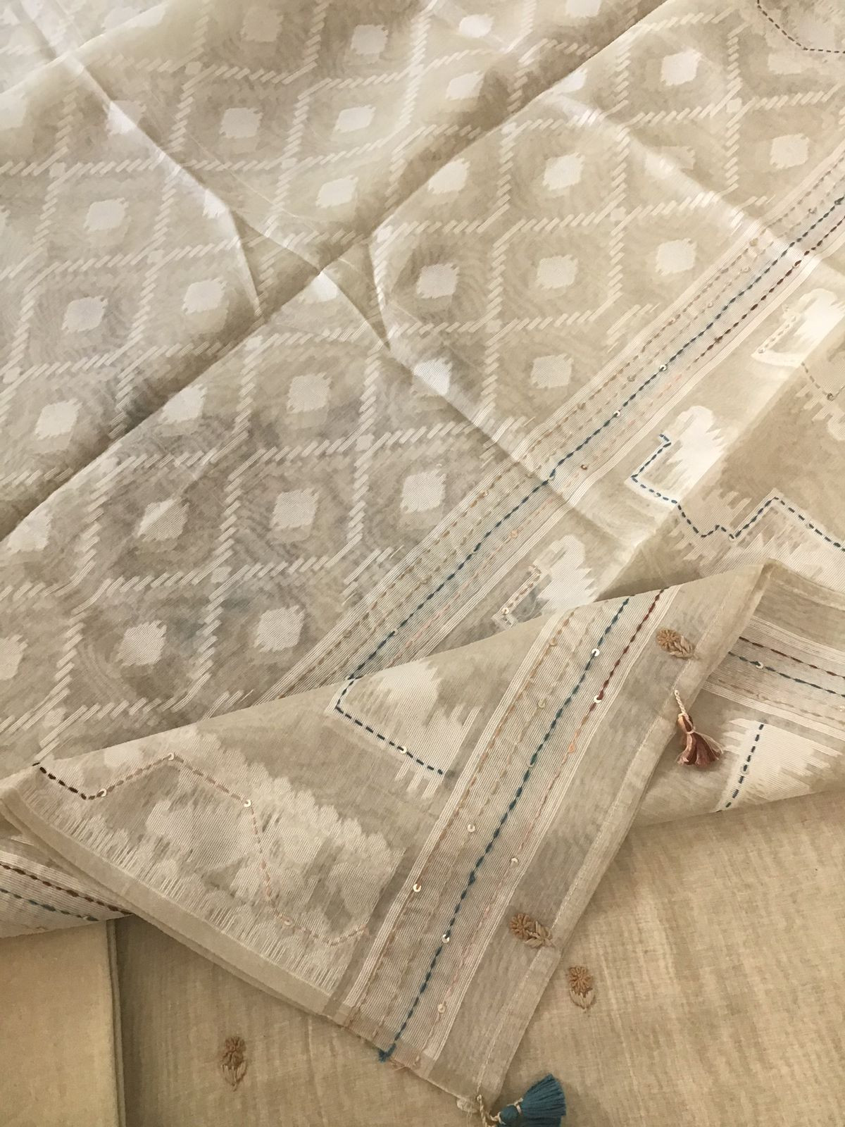 Soft Slub Chanderi Jamdani Weaved Embroidered Suit - Beige