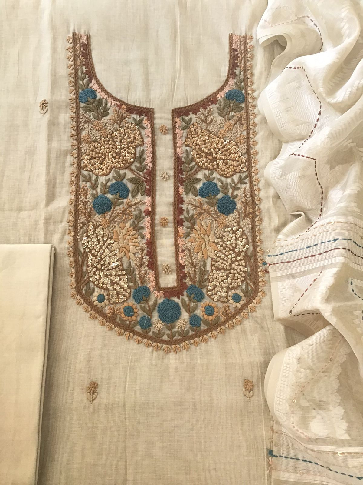 Soft Slub Chanderi Jamdani Weaved Embroidered Suit - Beige