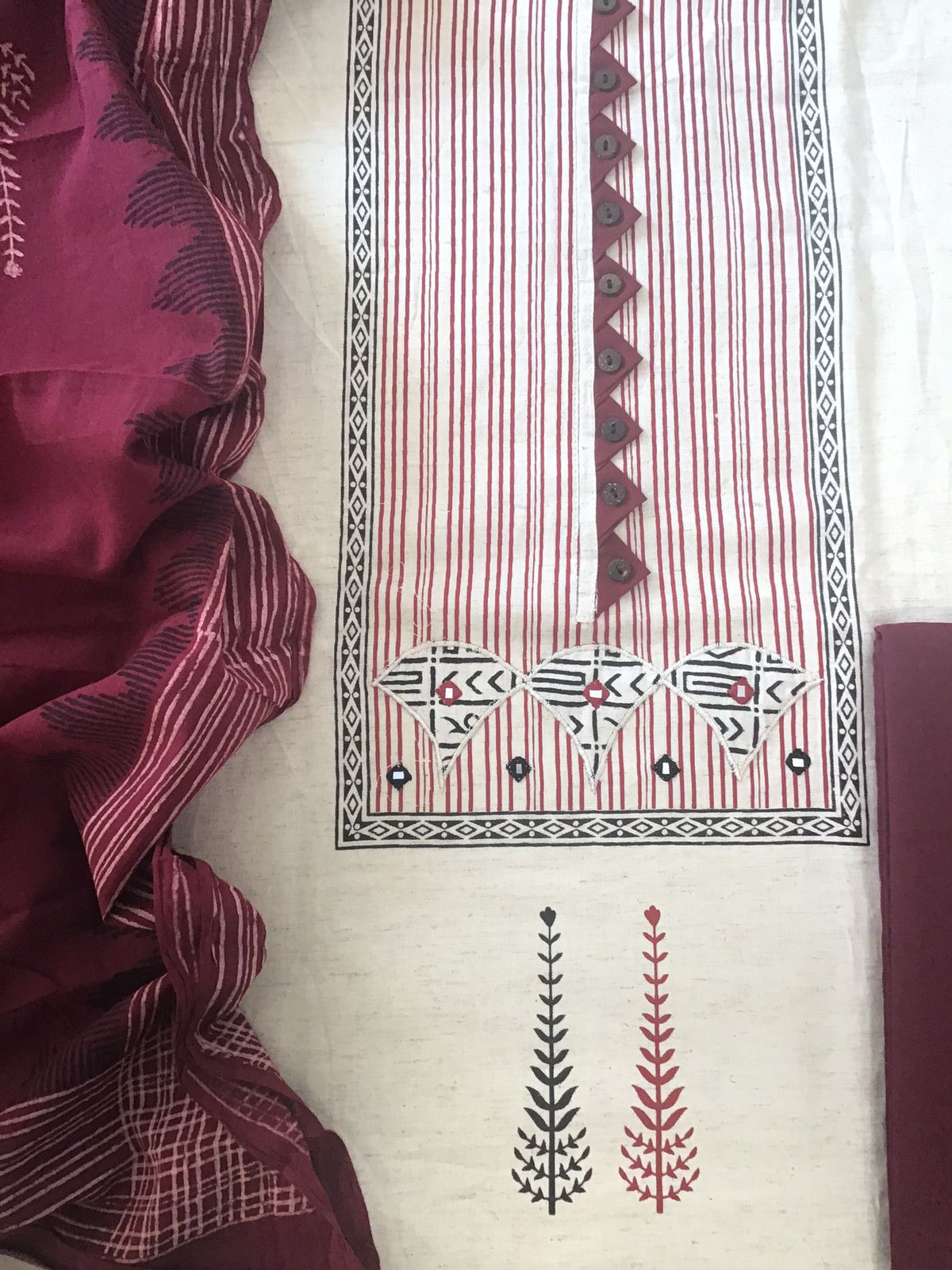 Pure Thick Khadi Cotton Printed Embroidered Suit - Cream