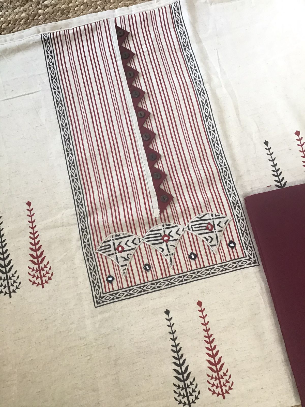 Pure Thick Khadi Cotton Printed Embroidered Suit - Cream