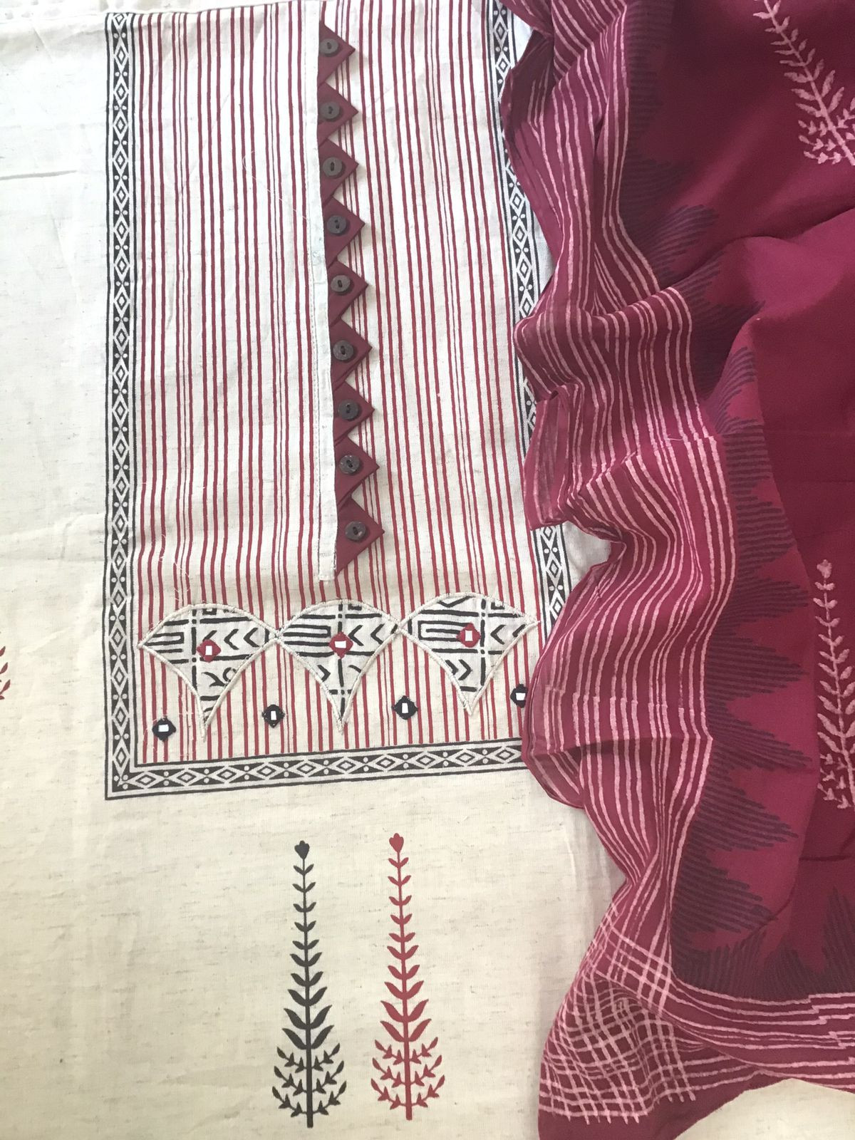 Pure Thick Khadi Cotton Printed Embroidered Suit - Cream