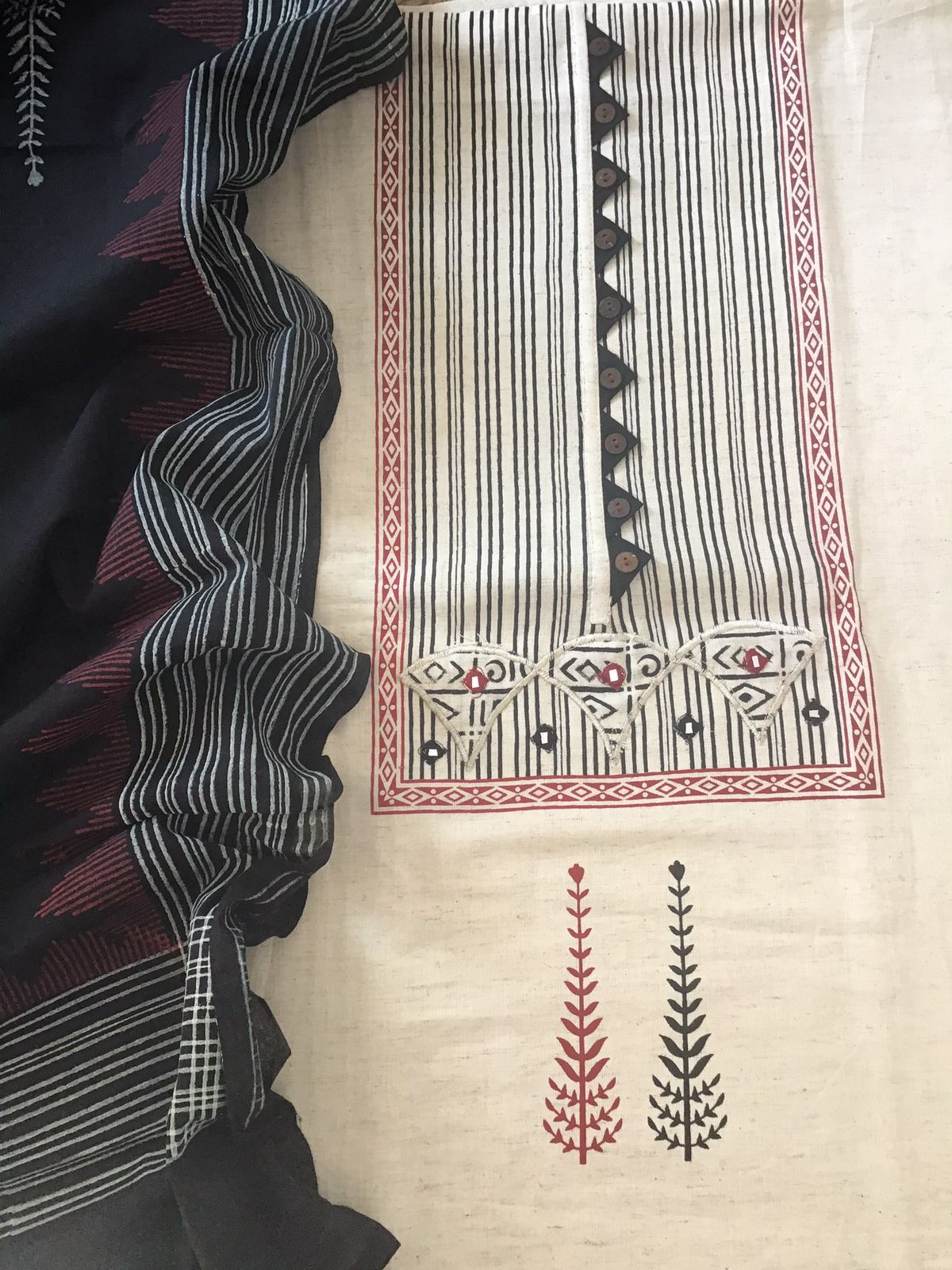 Pure Thick Khadi Cotton Printed Embroidered Suit - Cream