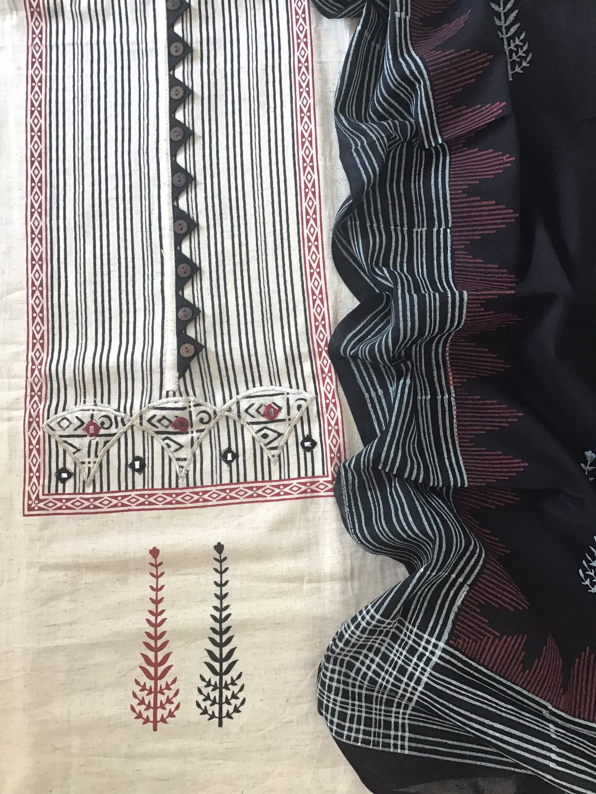 Pure Thick Khadi Cotton Printed Embroidered Suit - Cream