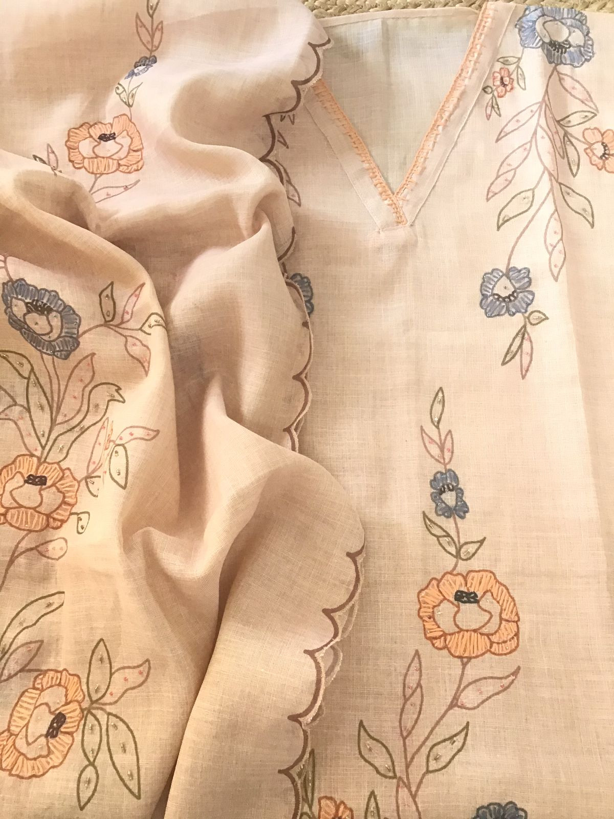 Soft Tissue Cotton Printed Embroidered Suit - Peach