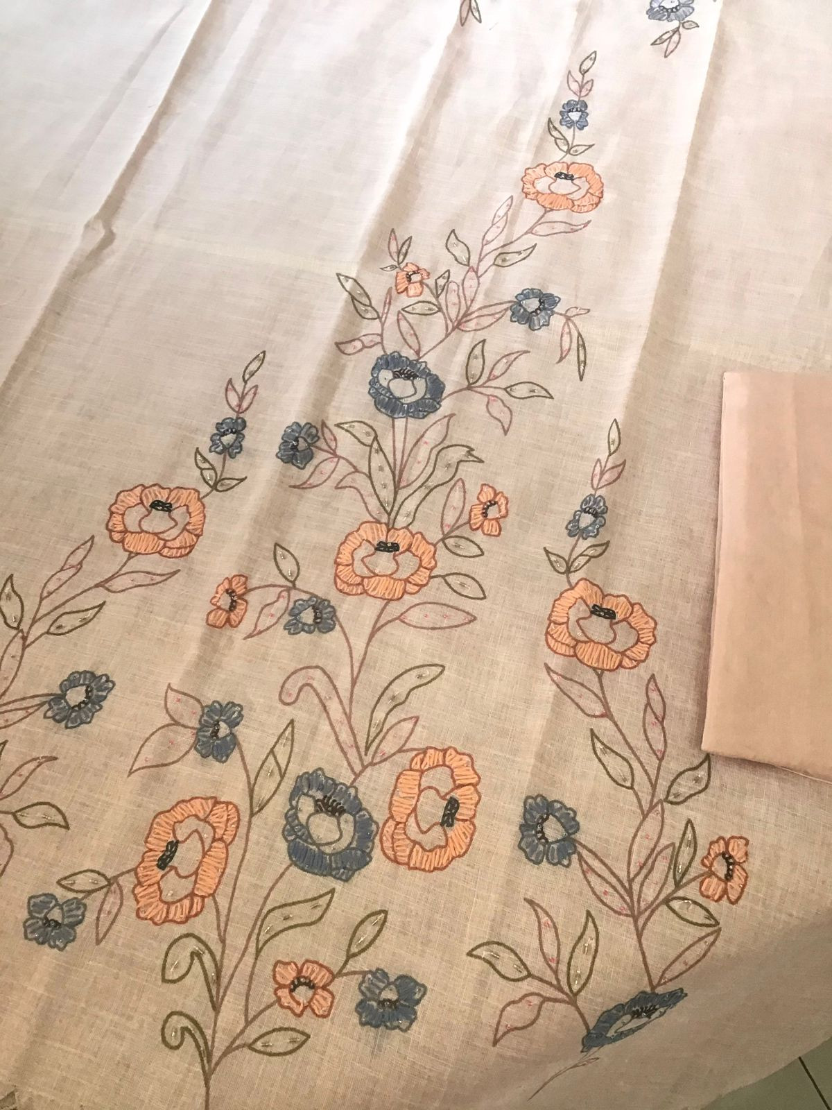 Soft Tissue Cotton Printed Embroidered Suit - Peach