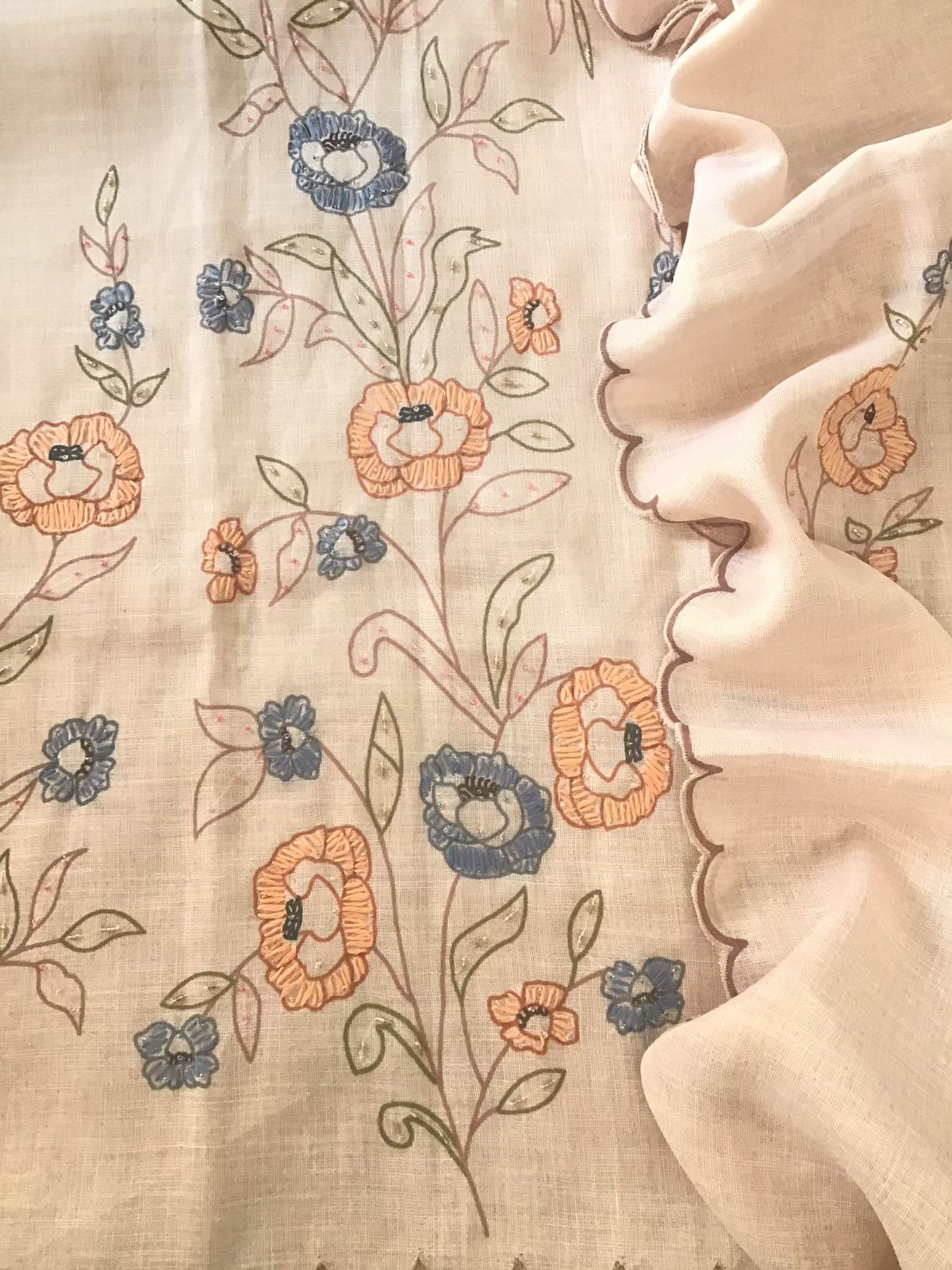 Soft Tissue Cotton Printed Embroidered Suit - Peach