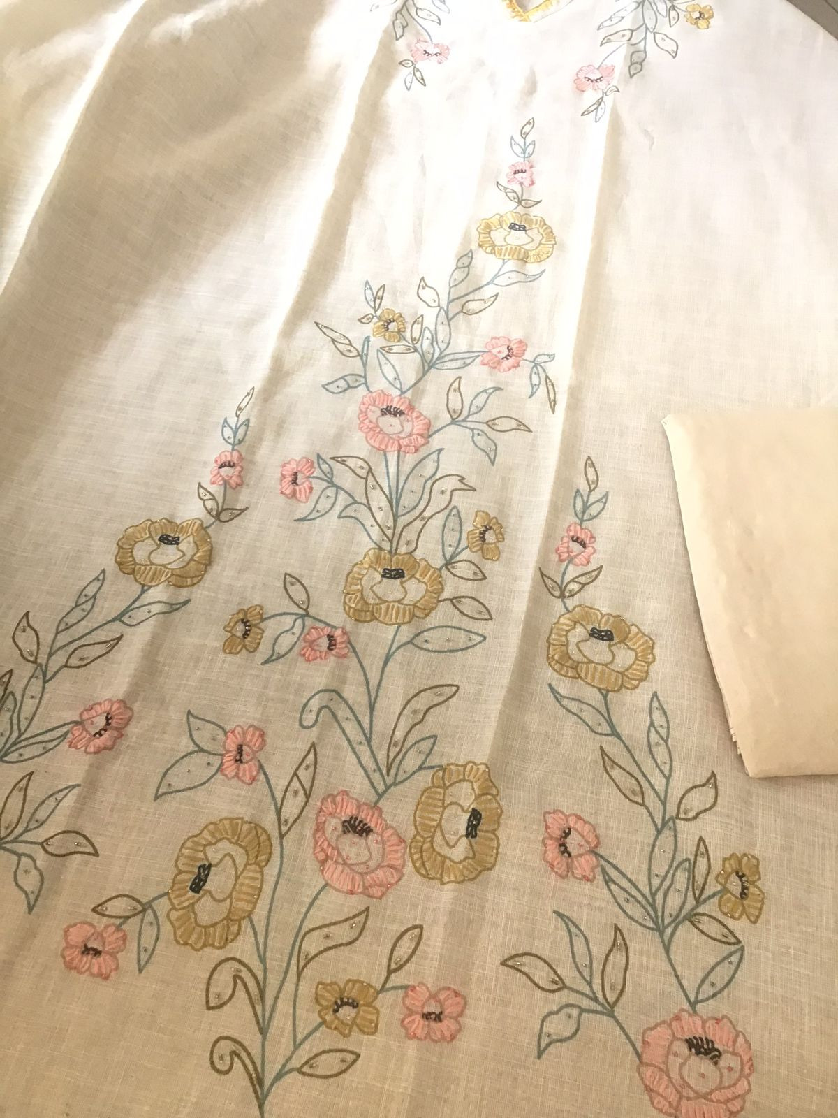 Soft Tissue Cotton Printed Embroidered Suit - Cream