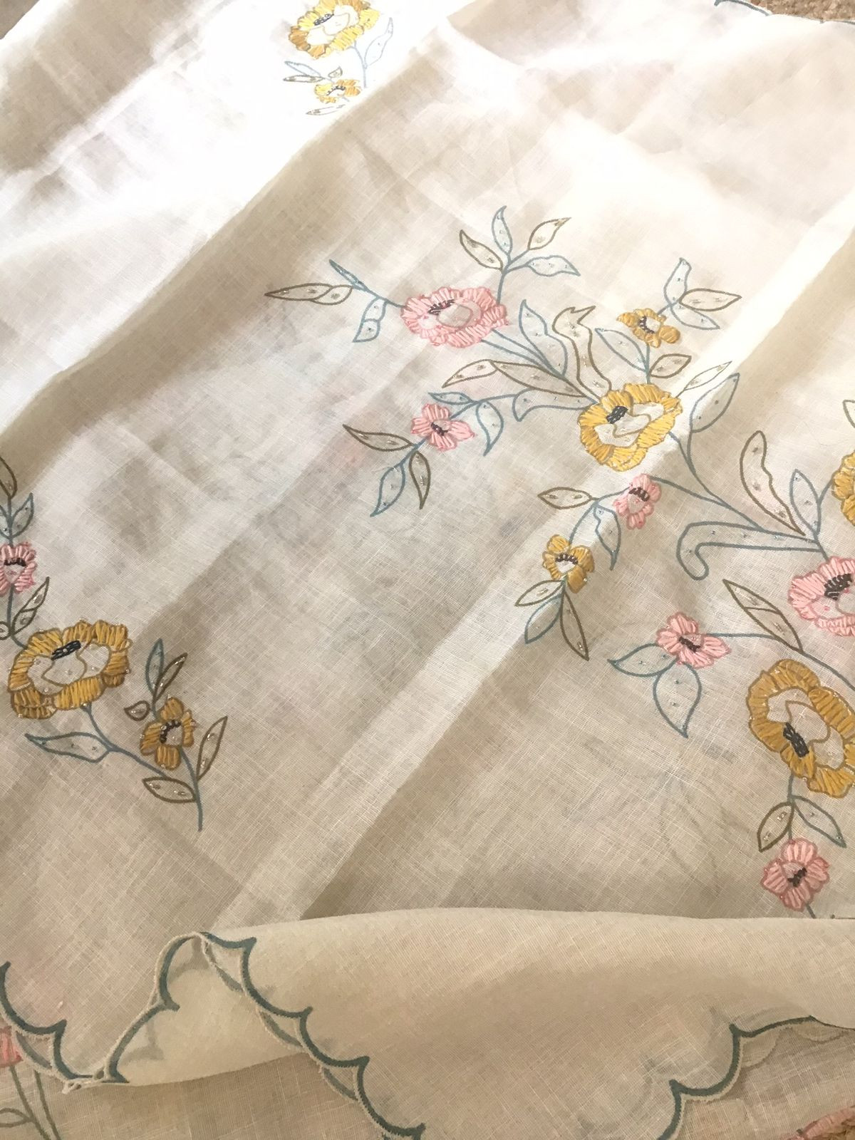 Soft Tissue Cotton Printed Embroidered Suit - Cream