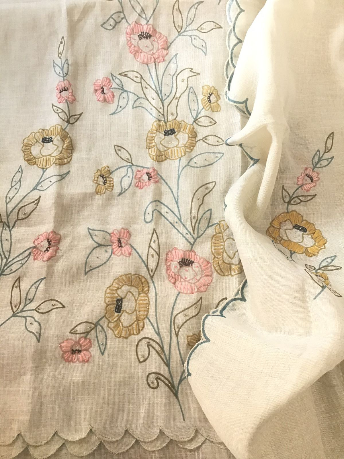 Soft Tissue Cotton Printed Embroidered Suit - Cream