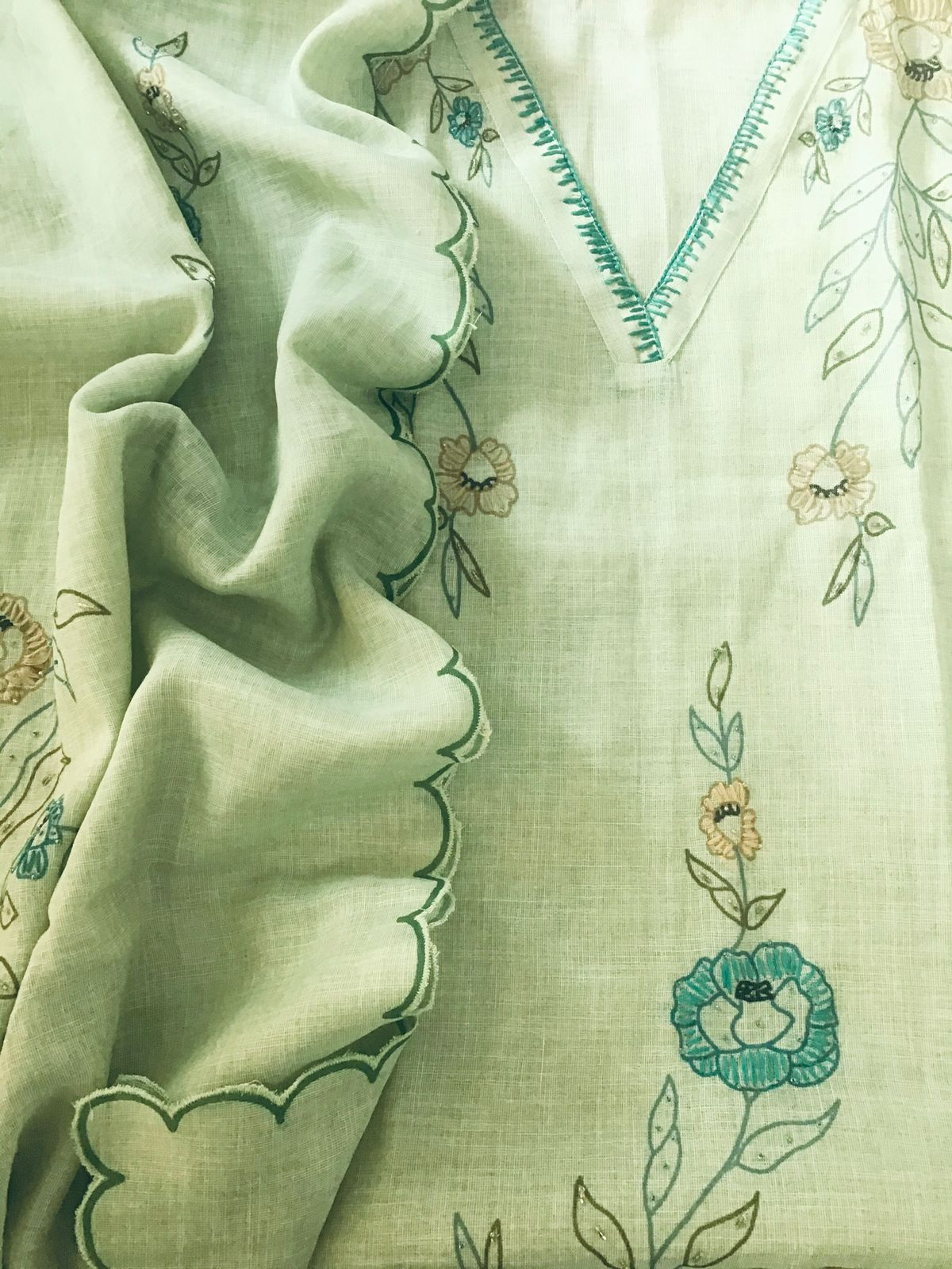 Soft Tissue Cotton Printed Embroidered Suit - Green