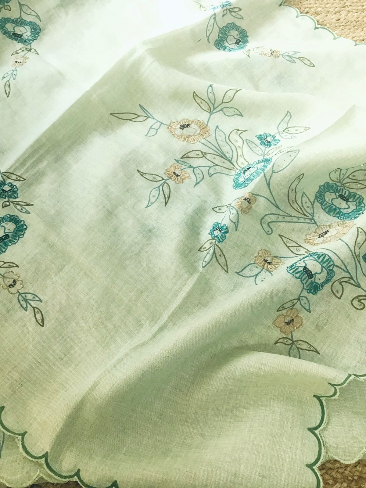 Soft Tissue Cotton Printed Embroidered Suit - Green