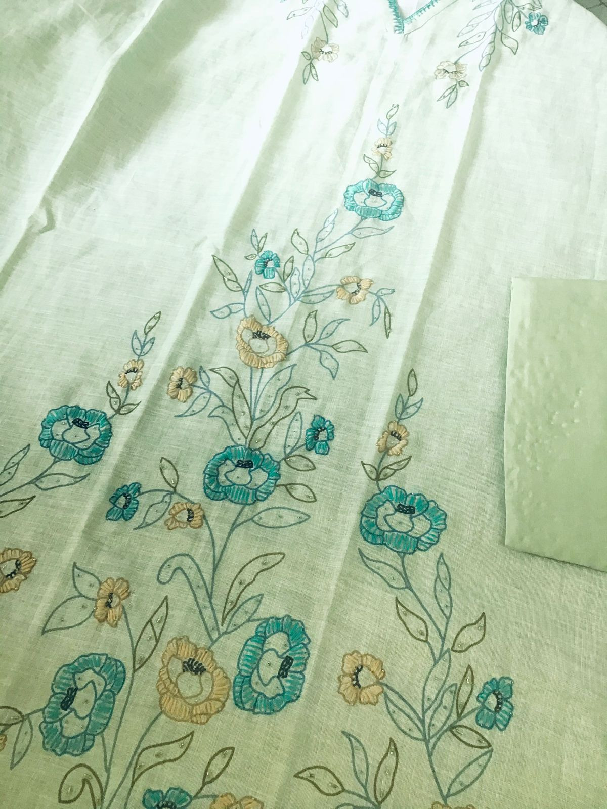 Soft Tissue Cotton Printed Embroidered Suit - Green